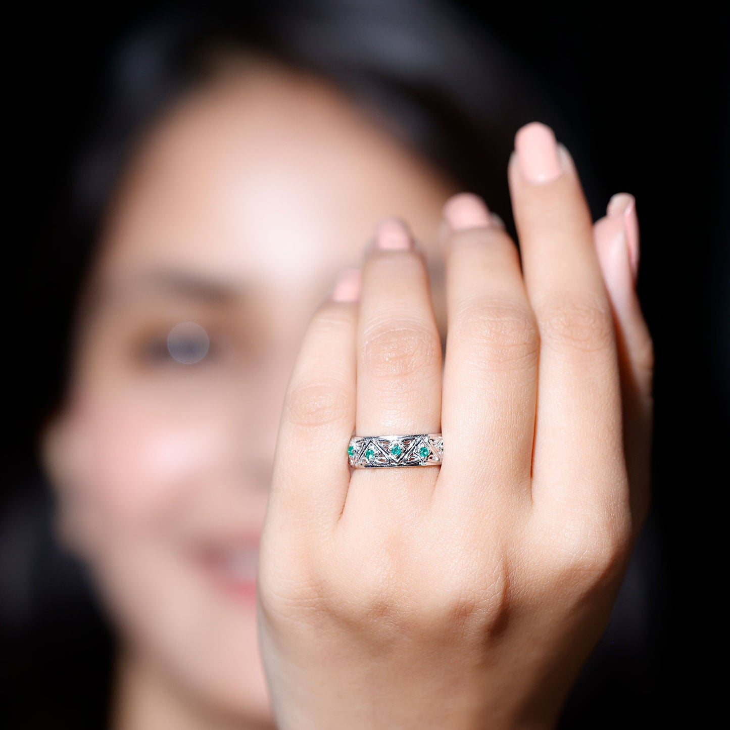 Vintage Inspired Real Emerald Wide Wedding Band