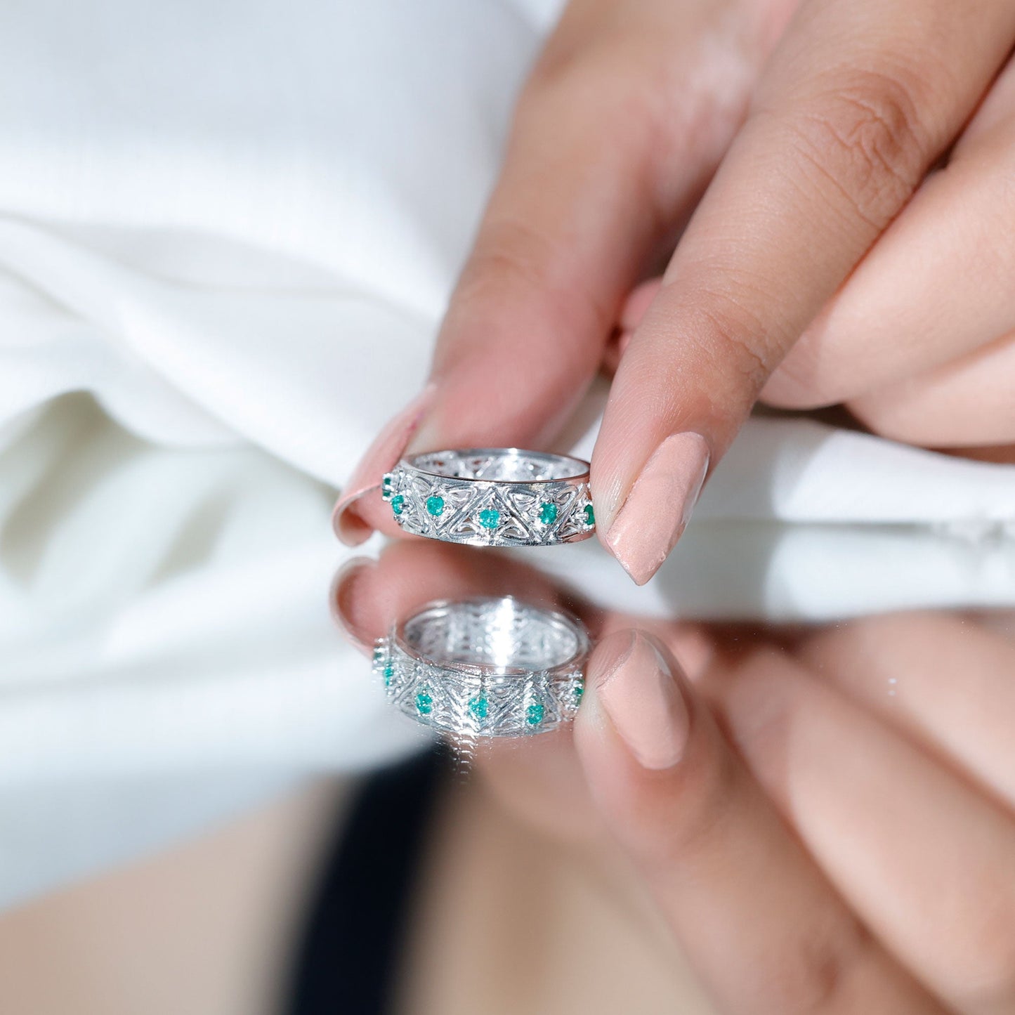 Vintage Inspired Real Emerald Wide Wedding Band