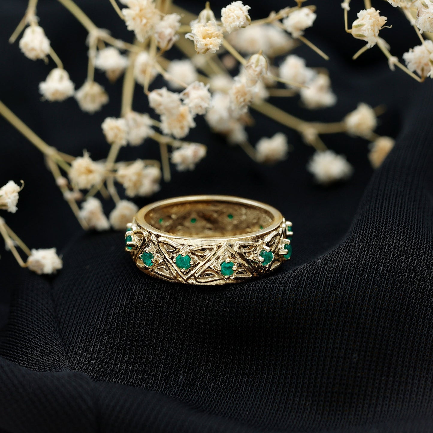 Vintage Inspired Real Emerald Wide Wedding Band
