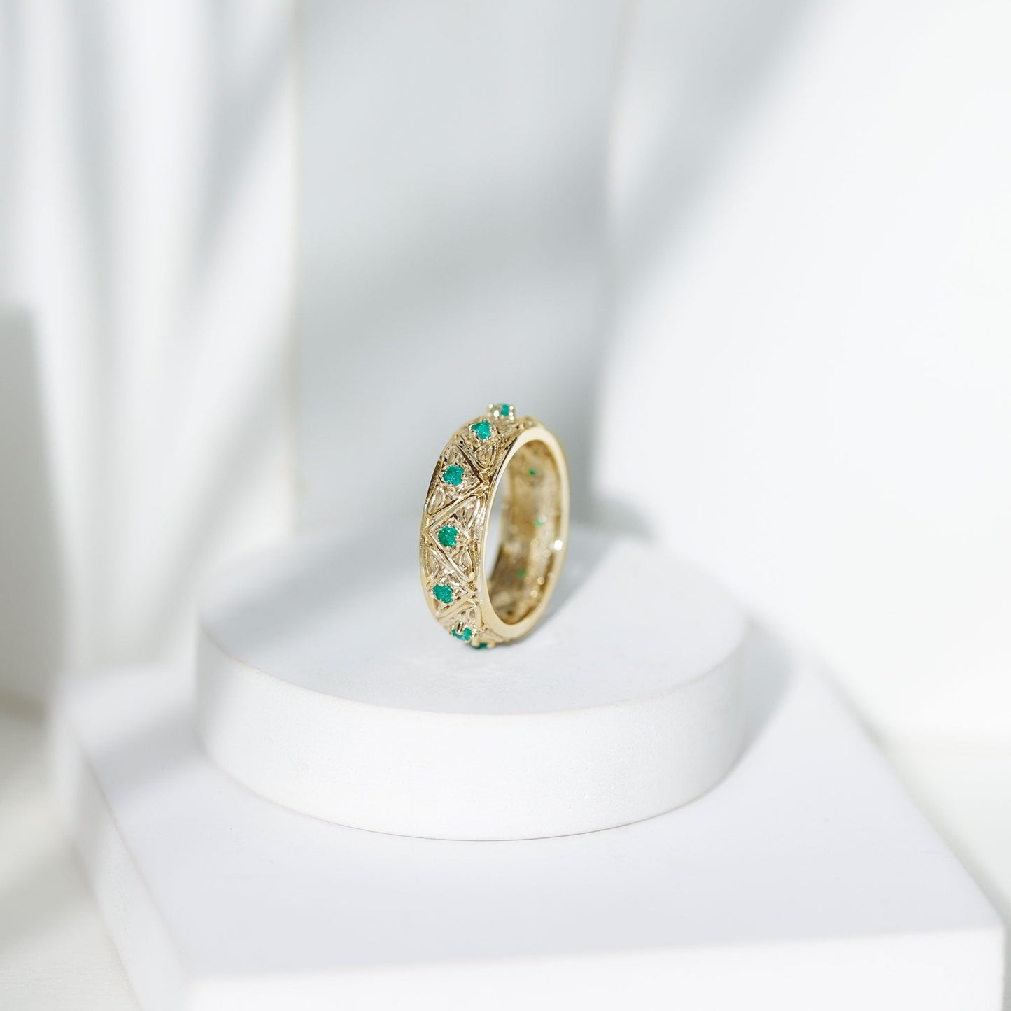 Vintage Inspired Real Emerald Wide Wedding Band