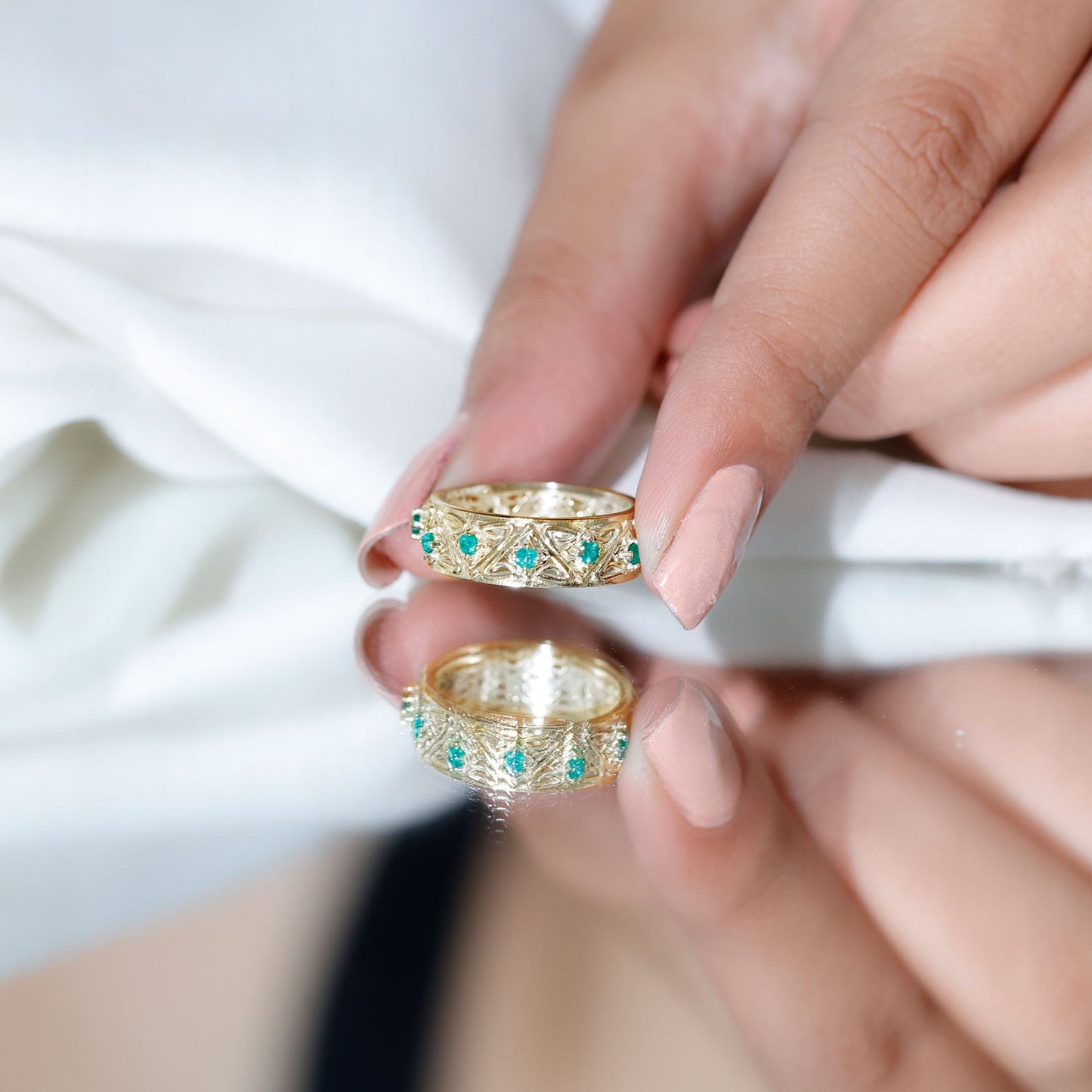 Vintage Inspired Real Emerald Wide Wedding Band