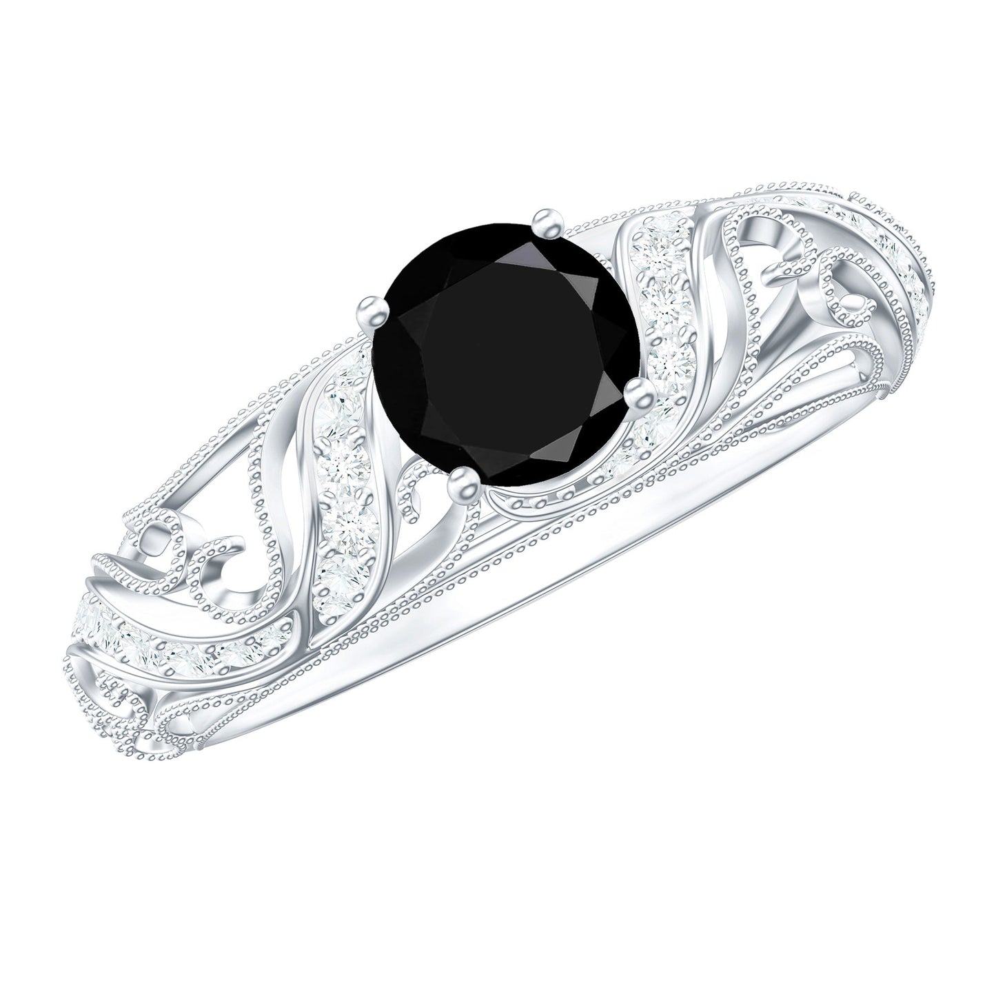 Vintage Looking Black Spinel Engagement Ring with Diamond