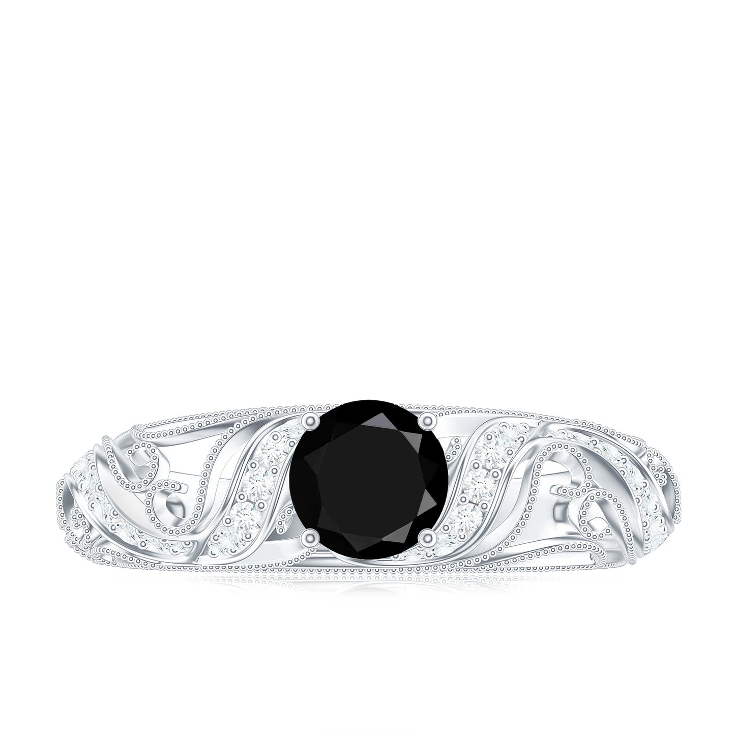 Vintage Looking Black Spinel Engagement Ring with Diamond