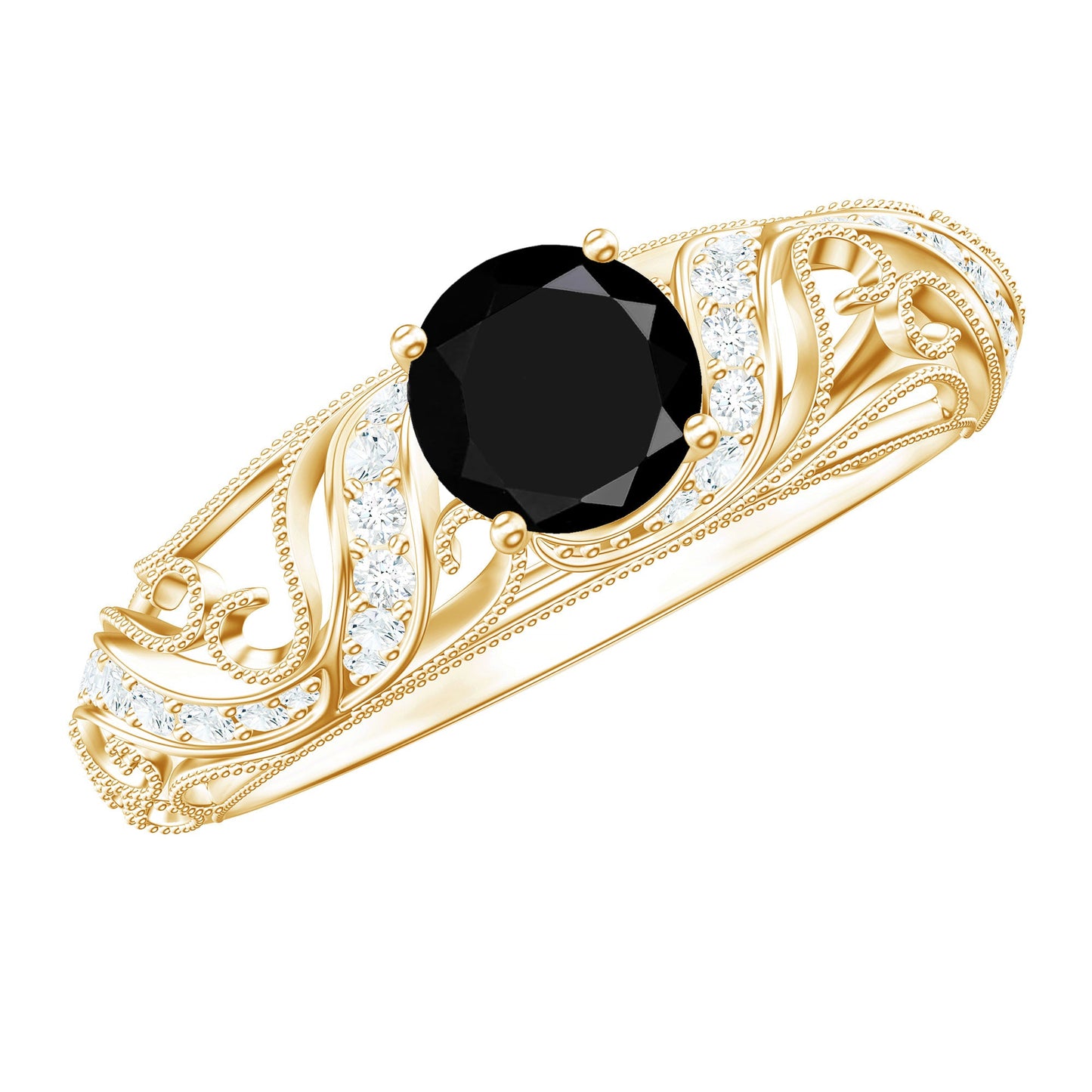Vintage Looking Black Spinel Engagement Ring with Diamond