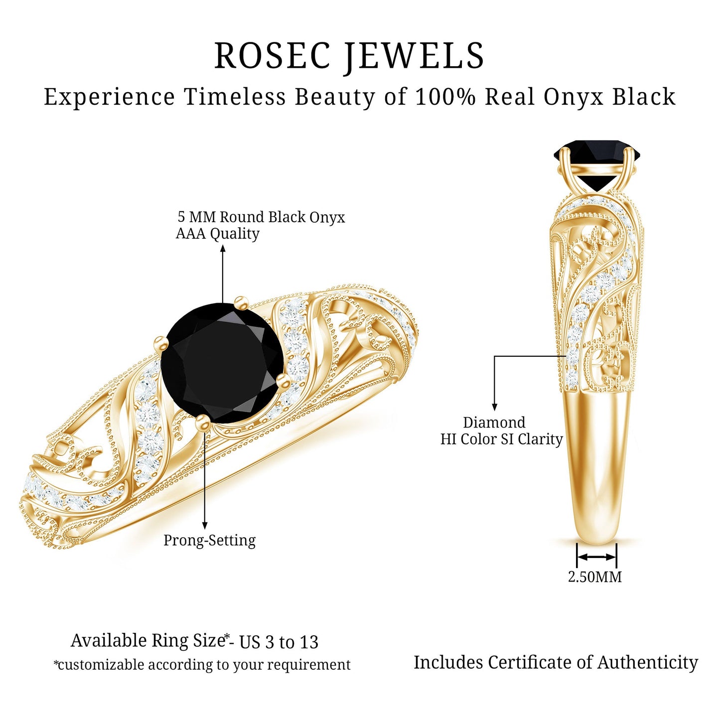 Vintage Style Black Onyx and Diamond Engagement Ring for Women