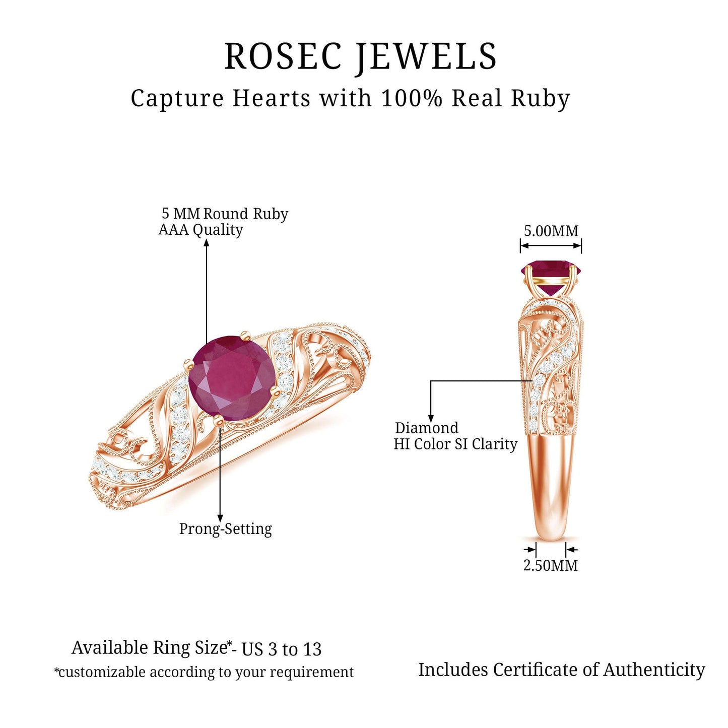 Vintage Style 0.6 Carat Ruby Engagement Ring with Diamond