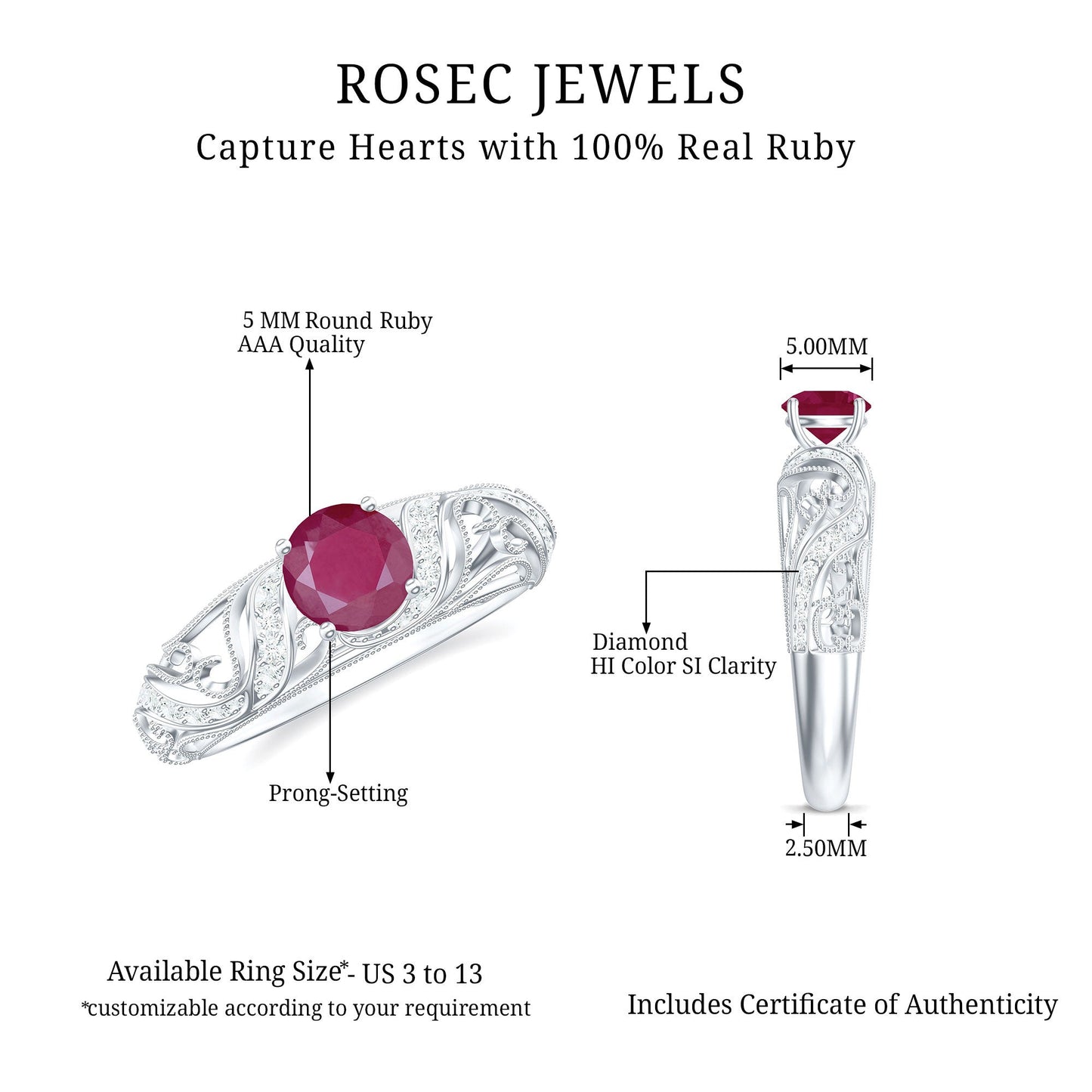 Vintage Style 0.6 Carat Ruby Engagement Ring with Diamond