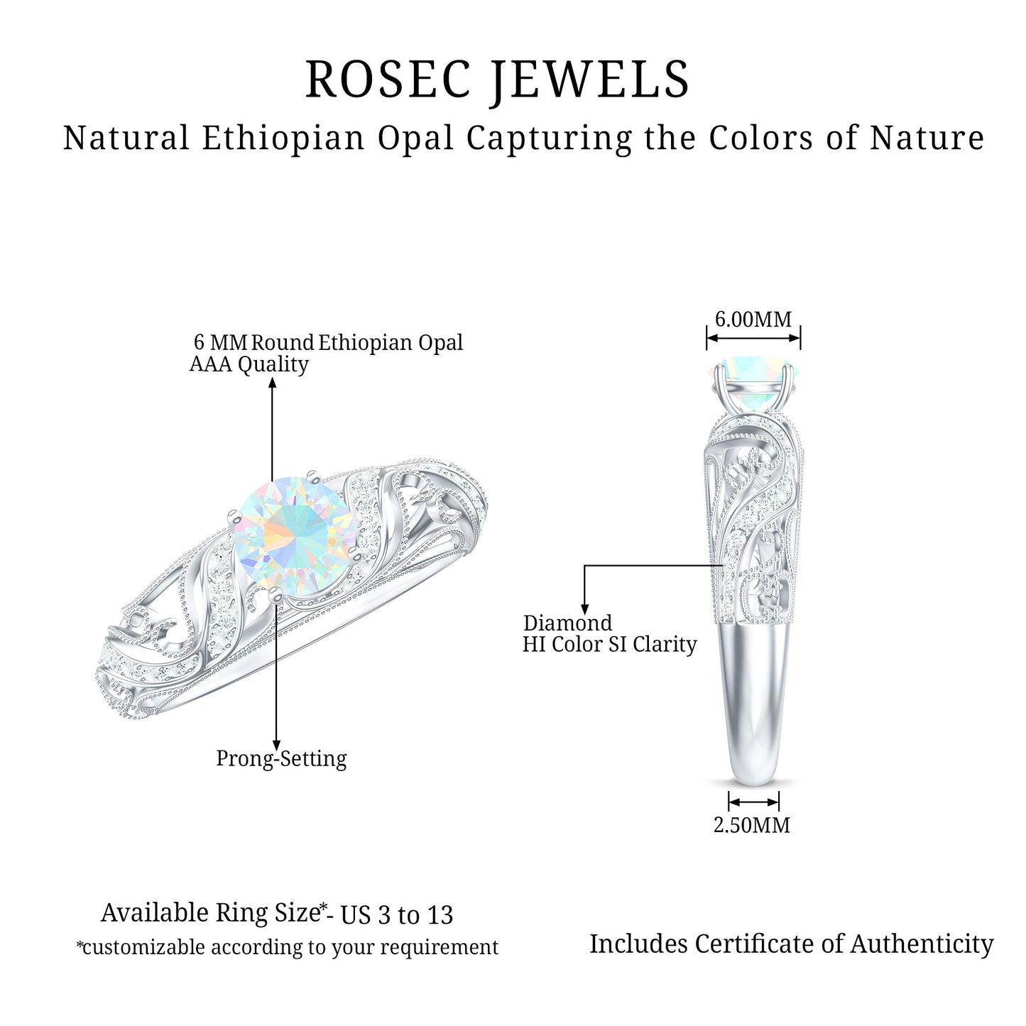 Natural Ethiopian Opal Diamond Vintage Looking Engagement Ring with Certificate