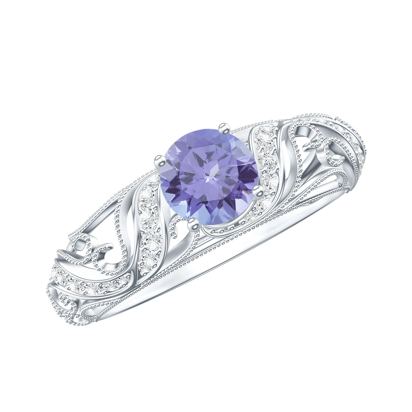 Round Tanzanite Vintage Inspired Engagement Ring with Diamond
