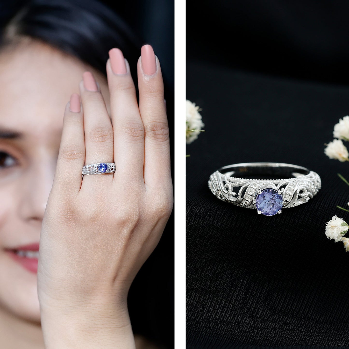 Round Tanzanite Vintage Inspired Engagement Ring with Diamond