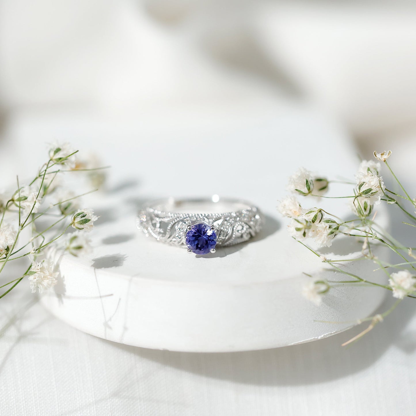Round Tanzanite Vintage Inspired Engagement Ring with Diamond