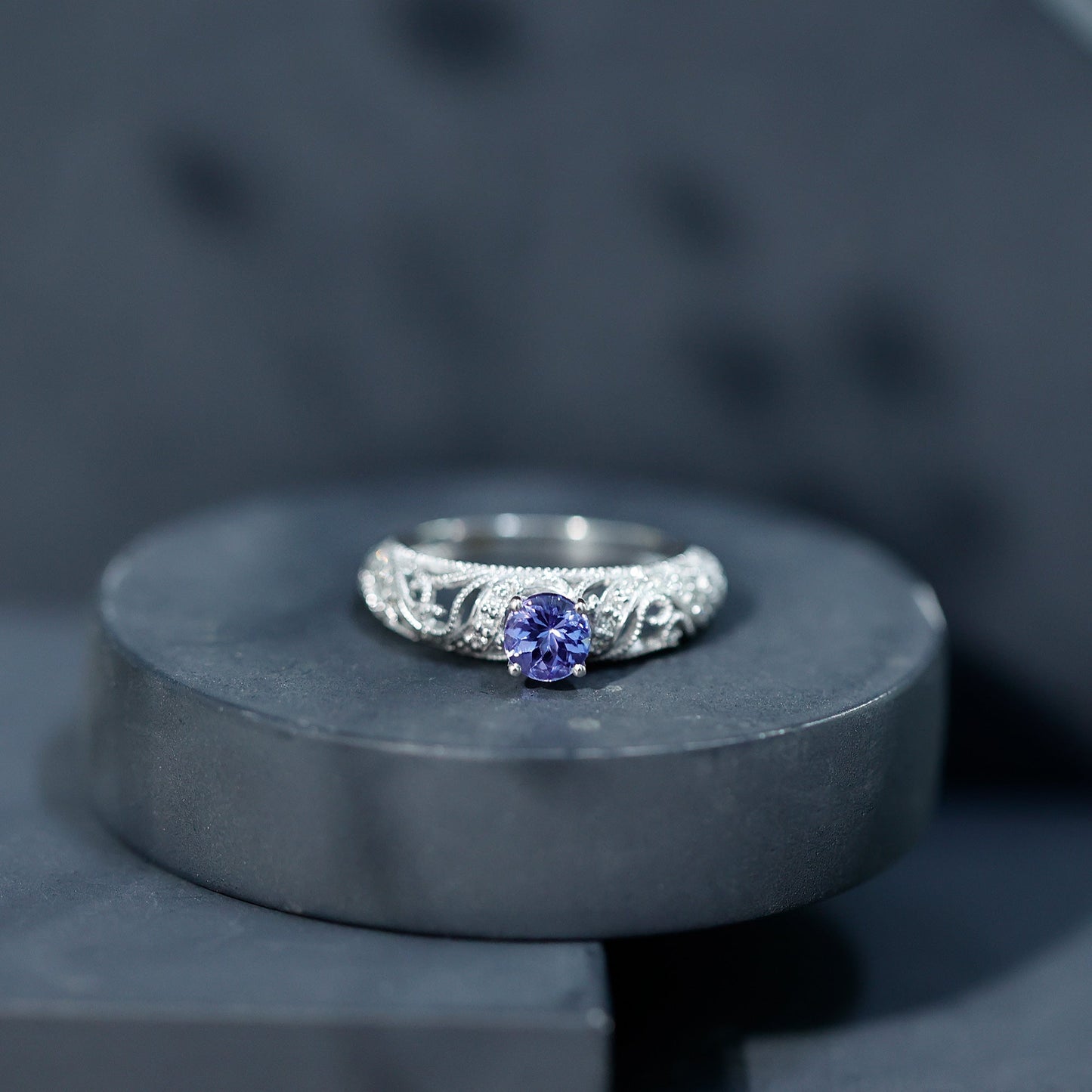 Round Tanzanite Vintage Inspired Engagement Ring with Diamond