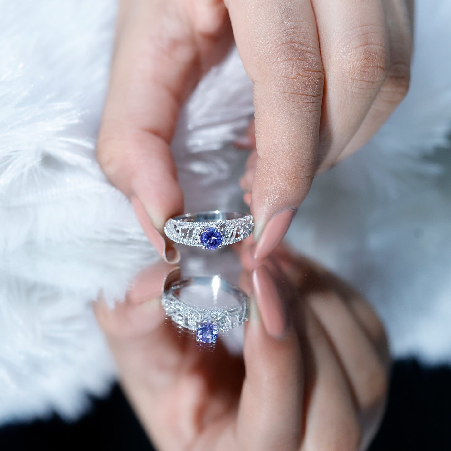 Round Tanzanite Vintage Inspired Engagement Ring with Diamond