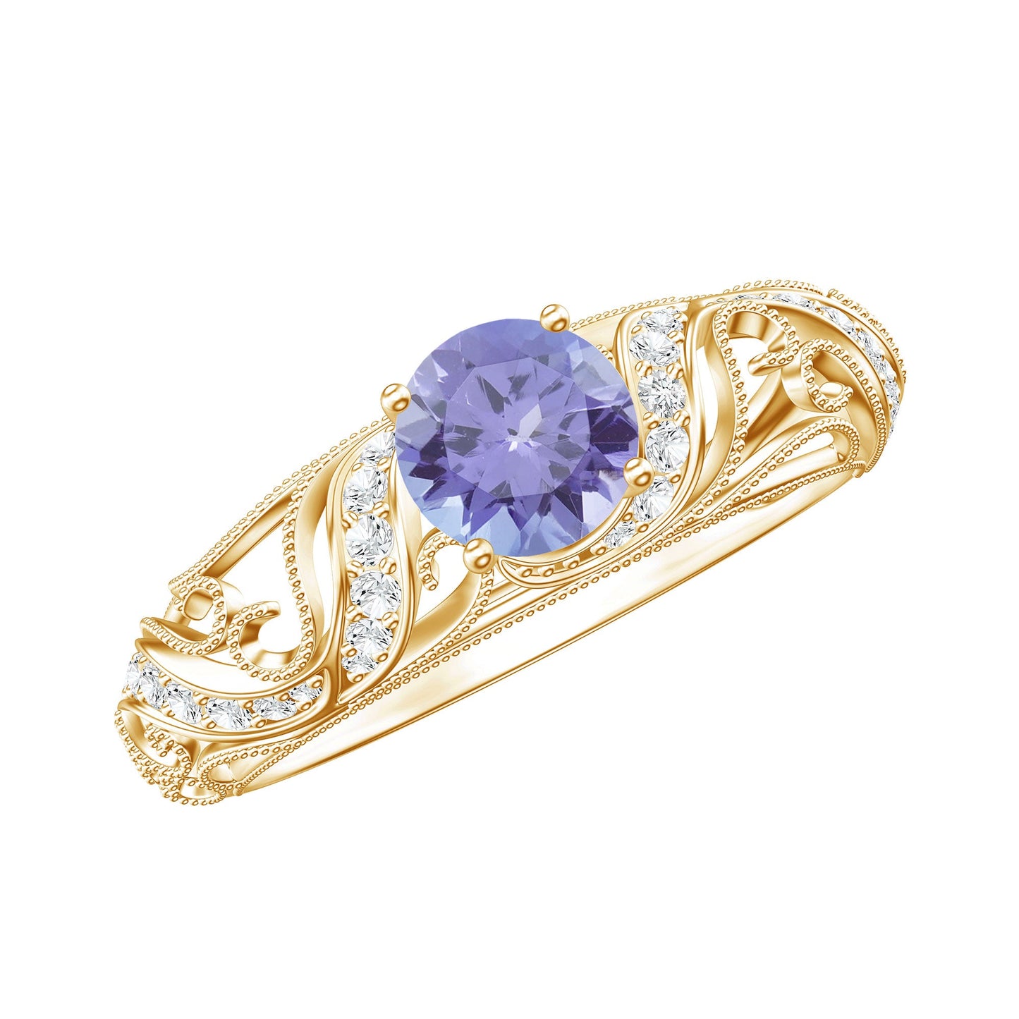 Round Tanzanite Vintage Inspired Engagement Ring with Diamond