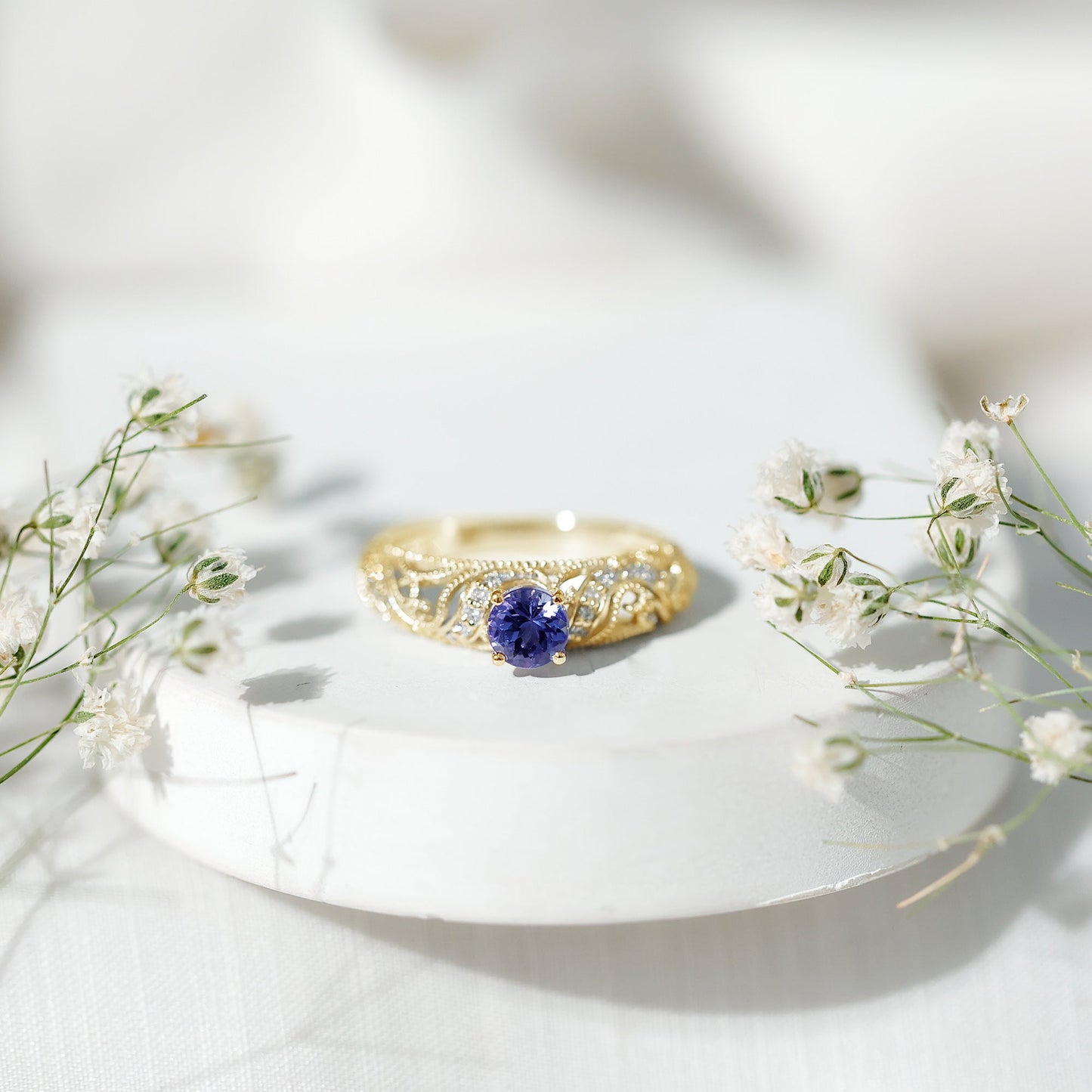 Round Tanzanite Vintage Inspired Engagement Ring with Diamond
