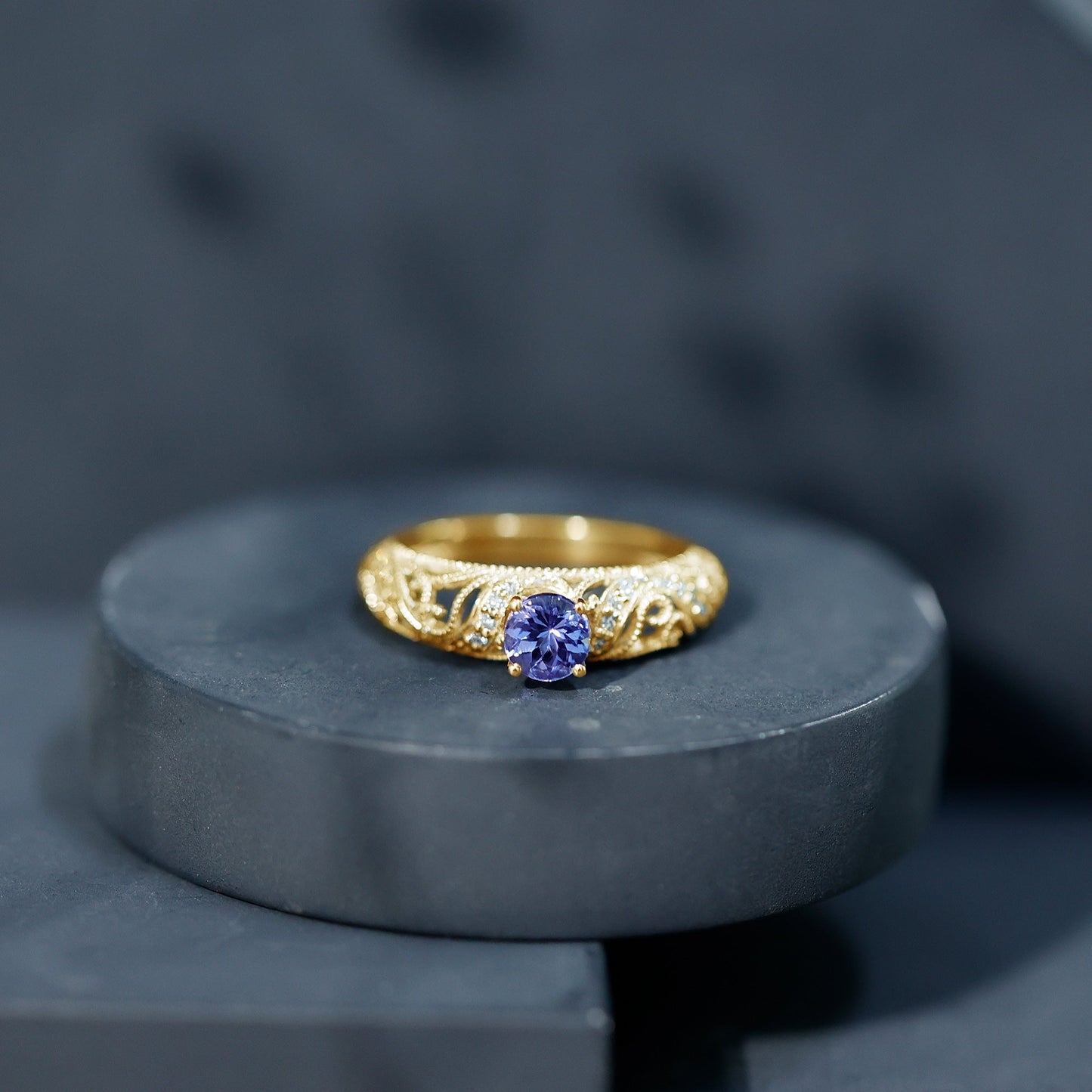 Round Tanzanite Vintage Inspired Engagement Ring with Diamond