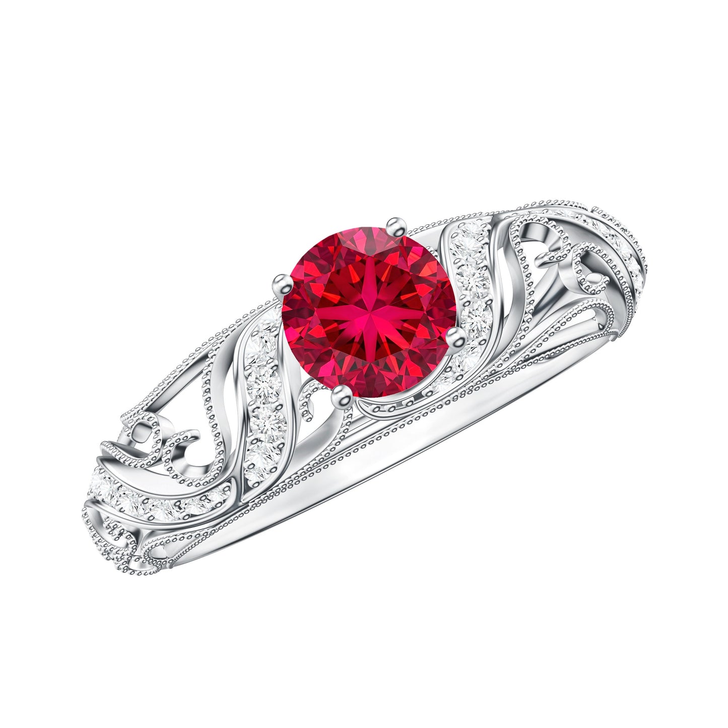 Lab Created Ruby and Diamond Vintage Inspired Engagement Ring