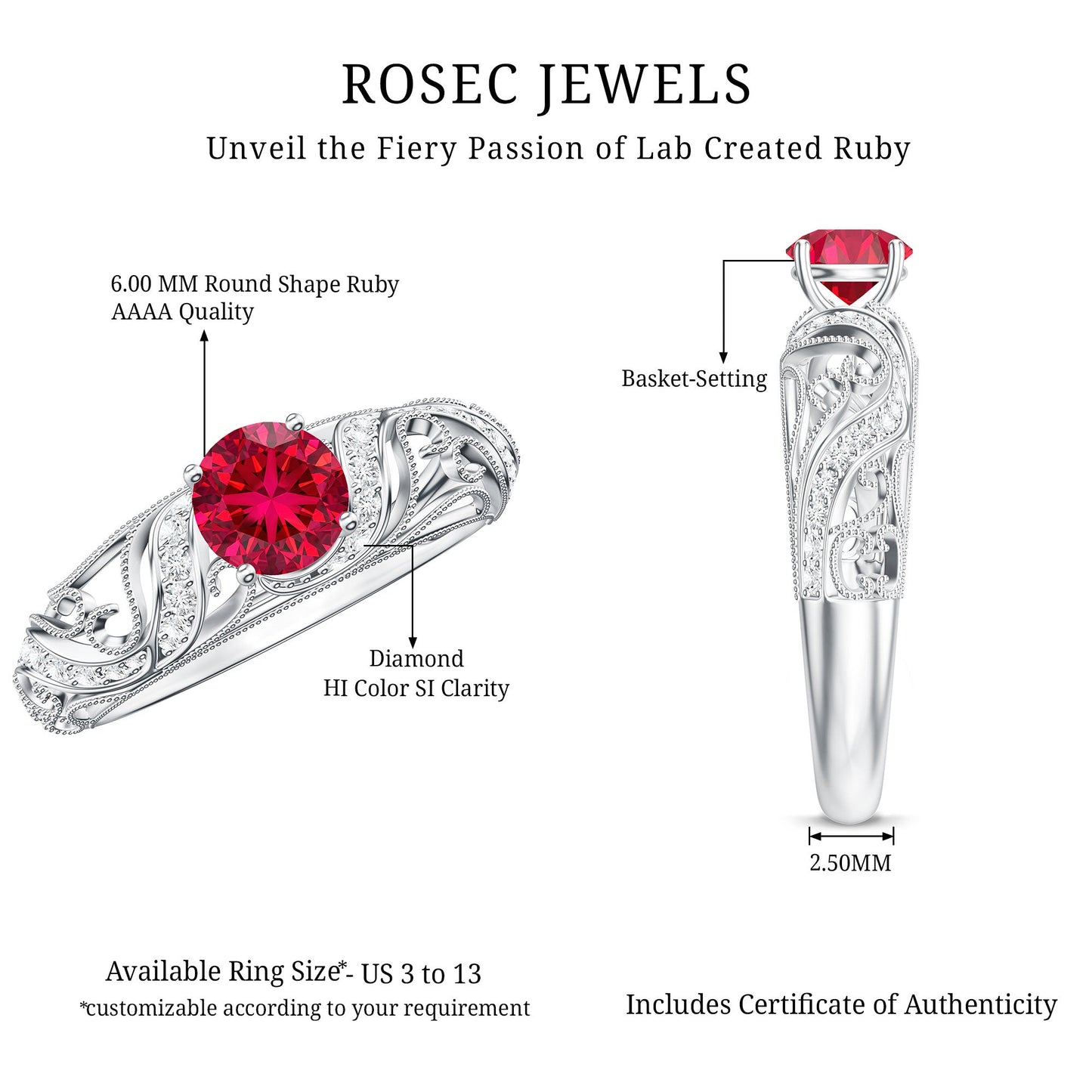 Lab Created Ruby and Diamond Vintage Inspired Engagement Ring