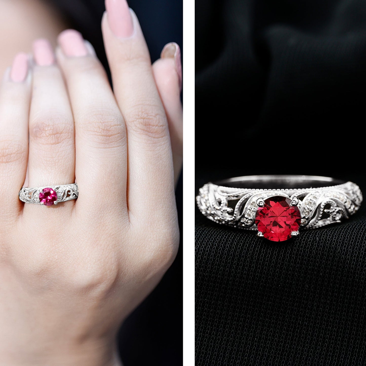 Lab Created Ruby and Diamond Vintage Inspired Engagement Ring