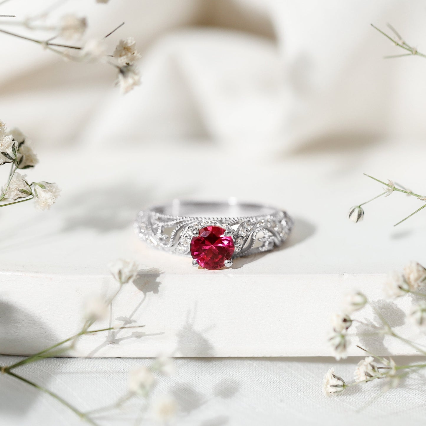 Lab Created Ruby and Diamond Vintage Inspired Engagement Ring