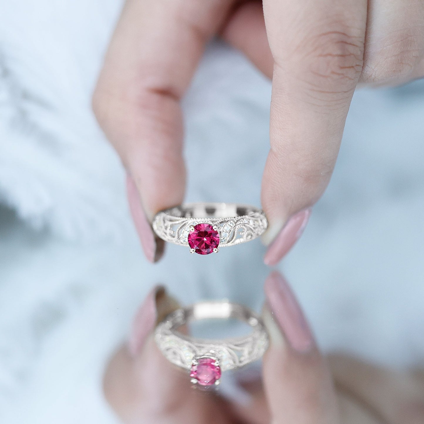 Lab Created Ruby and Diamond Vintage Inspired Engagement Ring