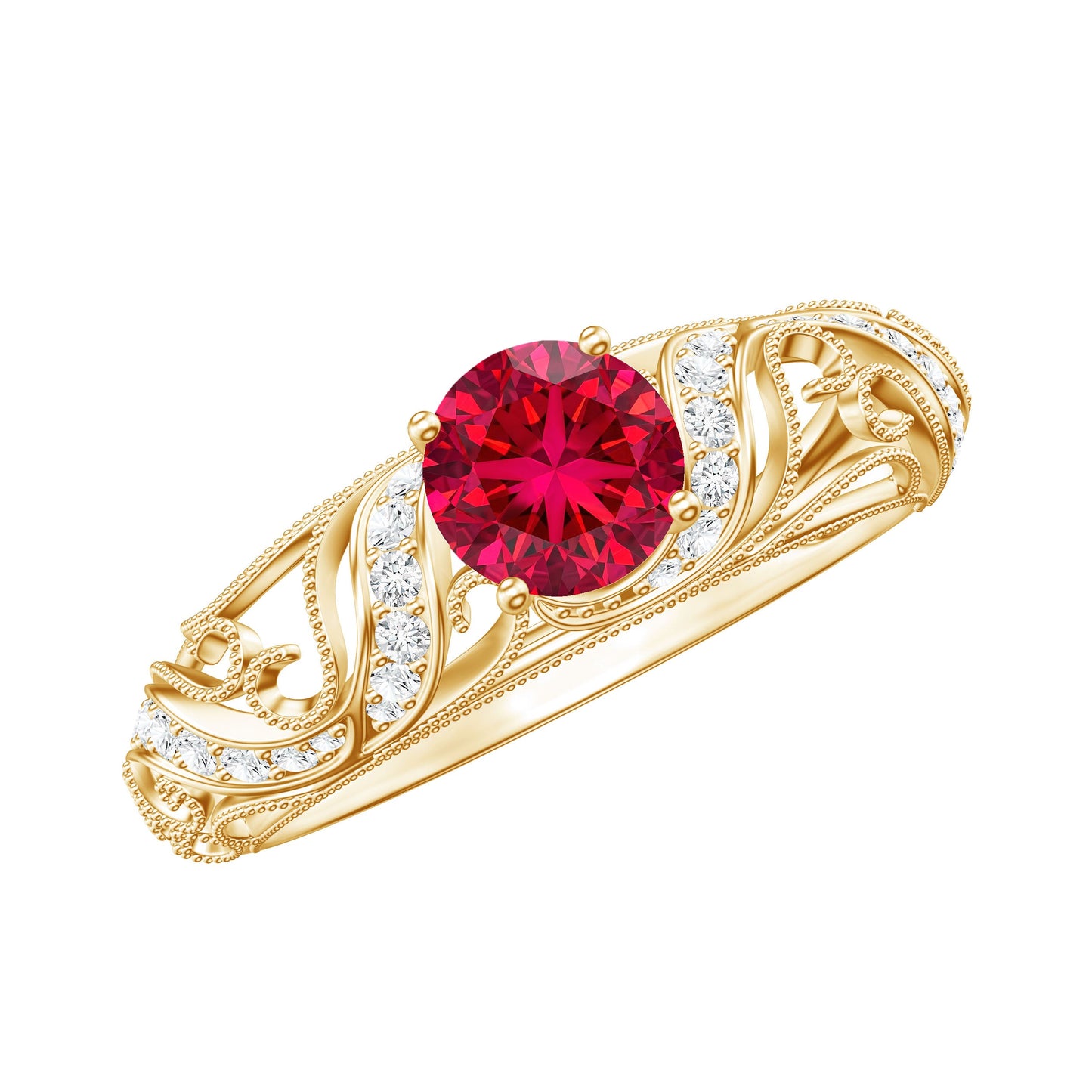 Lab Created Ruby and Diamond Vintage Inspired Engagement Ring