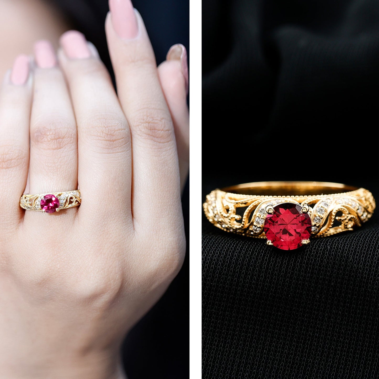 Lab Created Ruby and Diamond Vintage Inspired Engagement Ring
