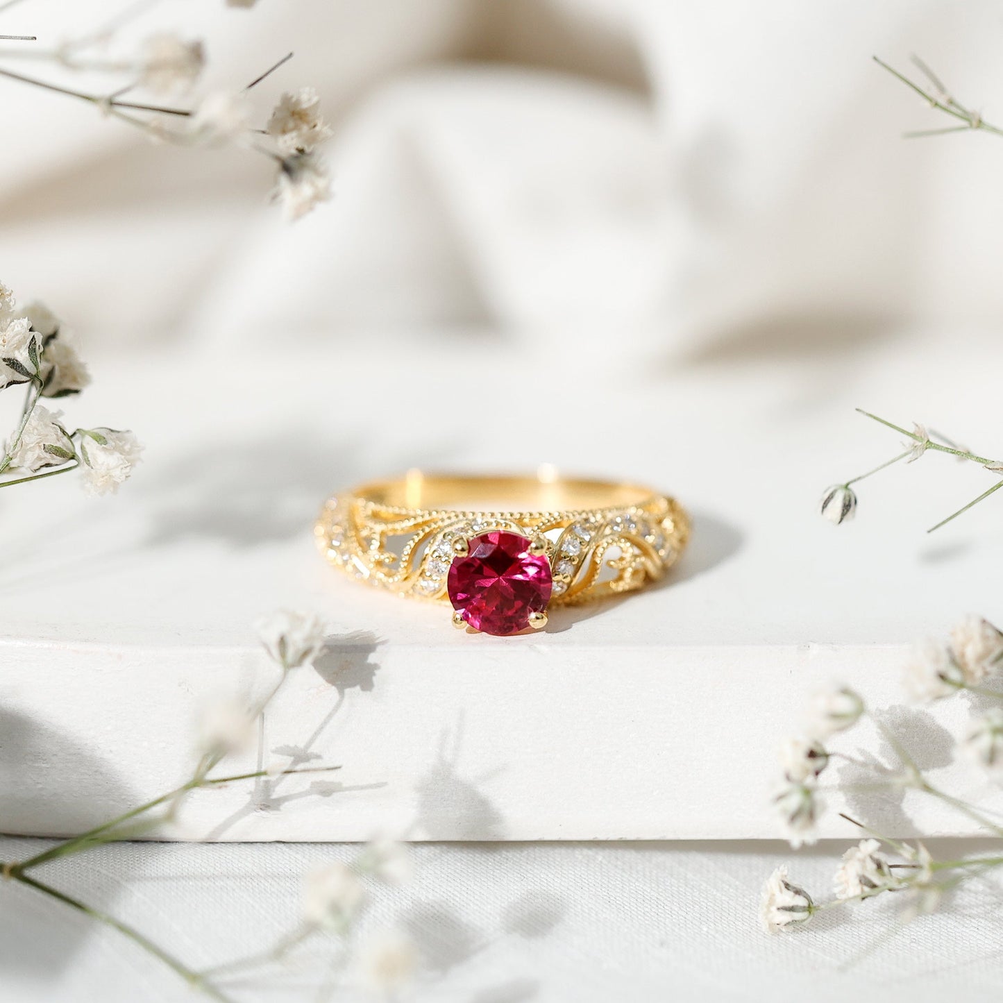 Lab Created Ruby and Diamond Vintage Inspired Engagement Ring