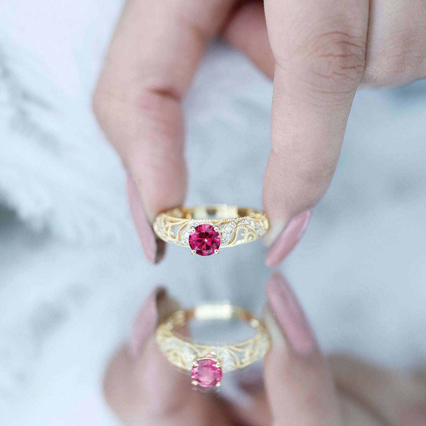 Lab Created Ruby and Diamond Vintage Inspired Engagement Ring