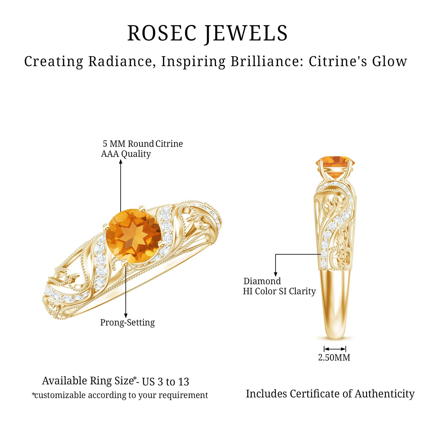 Vintage Looking Citrine Engagement Ring with Diamond