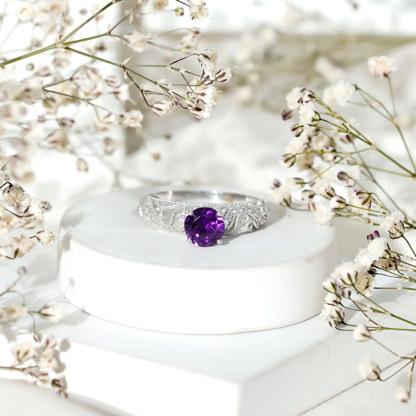 Vintage Inspired 1.2 Carat Amethyst Engagement Ring with Diamond