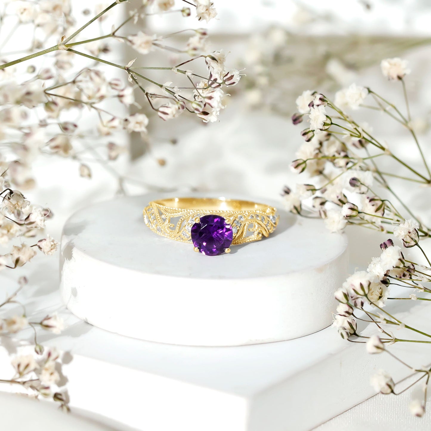 Vintage Inspired 1.2 Carat Amethyst Engagement Ring with Diamond