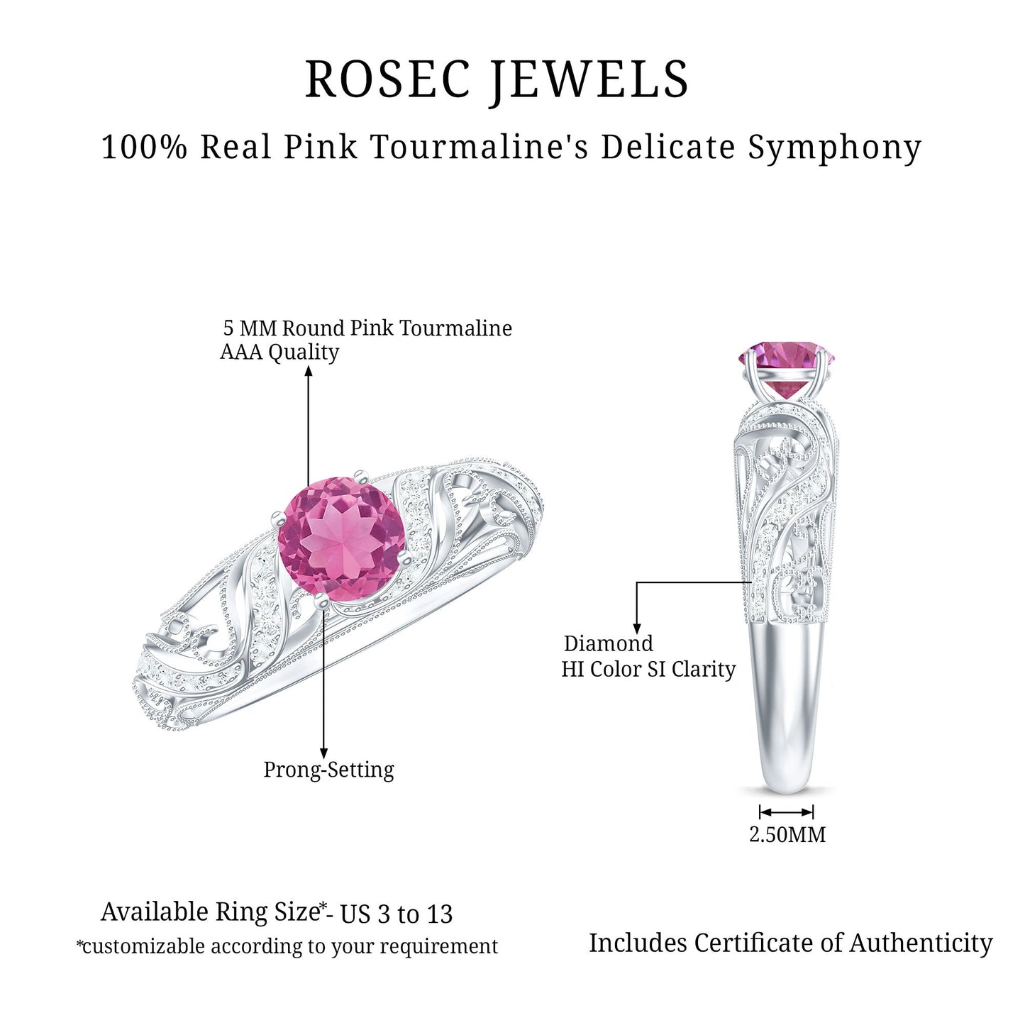 0.4 Carat Vintage Style Pink Tourmaline Engagement Ring with Diamond