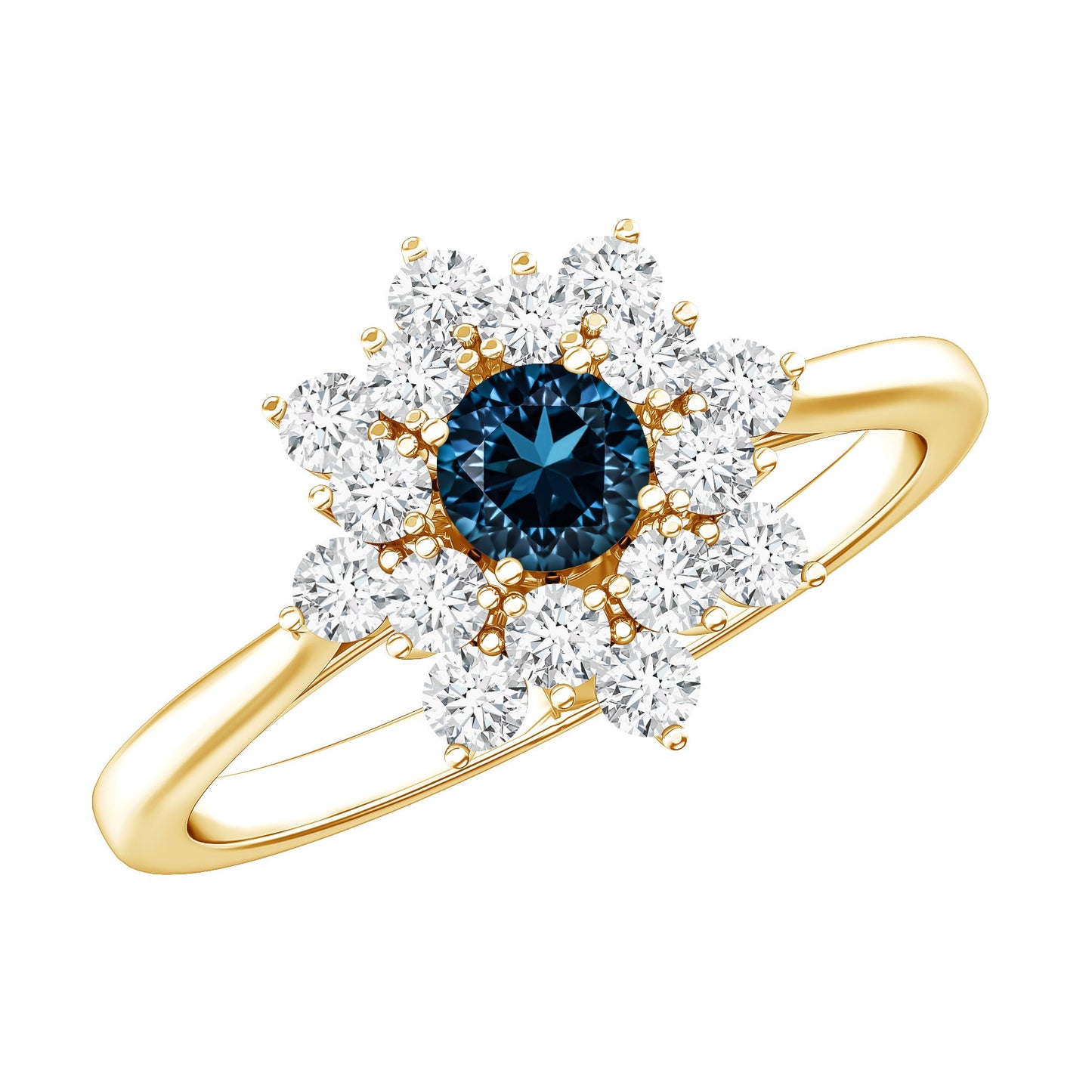 Genuine Round Cut London Blue Topaz Flower Engagement Ring with Diamonds