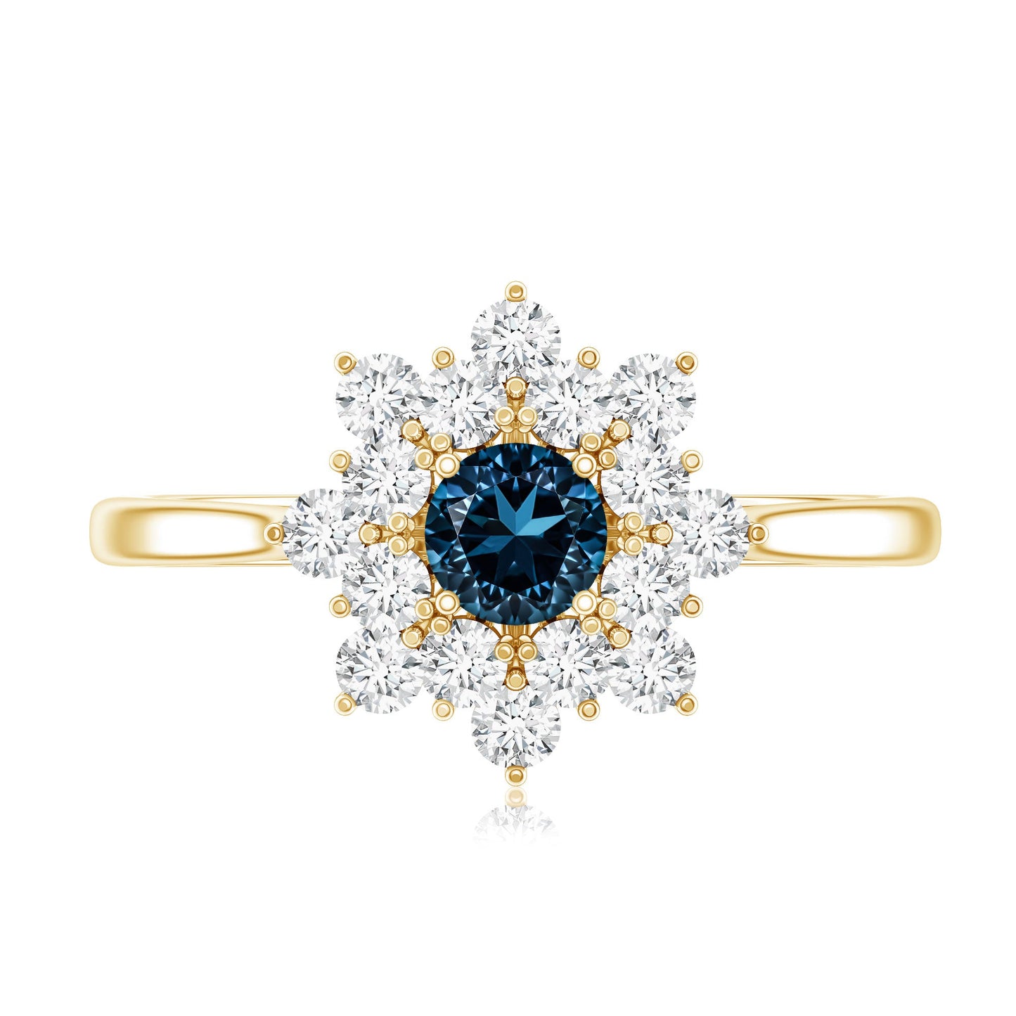 Genuine Round Cut London Blue Topaz Flower Engagement Ring with Diamonds