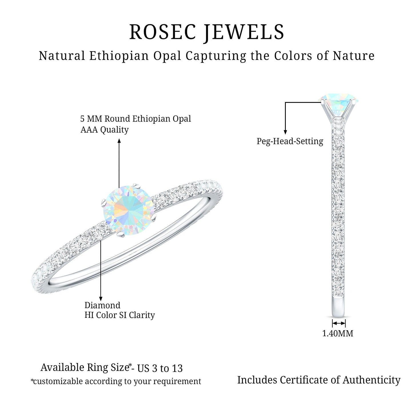 Genuine Ethiopian Opal Promise Ring with Diamond Side Stones