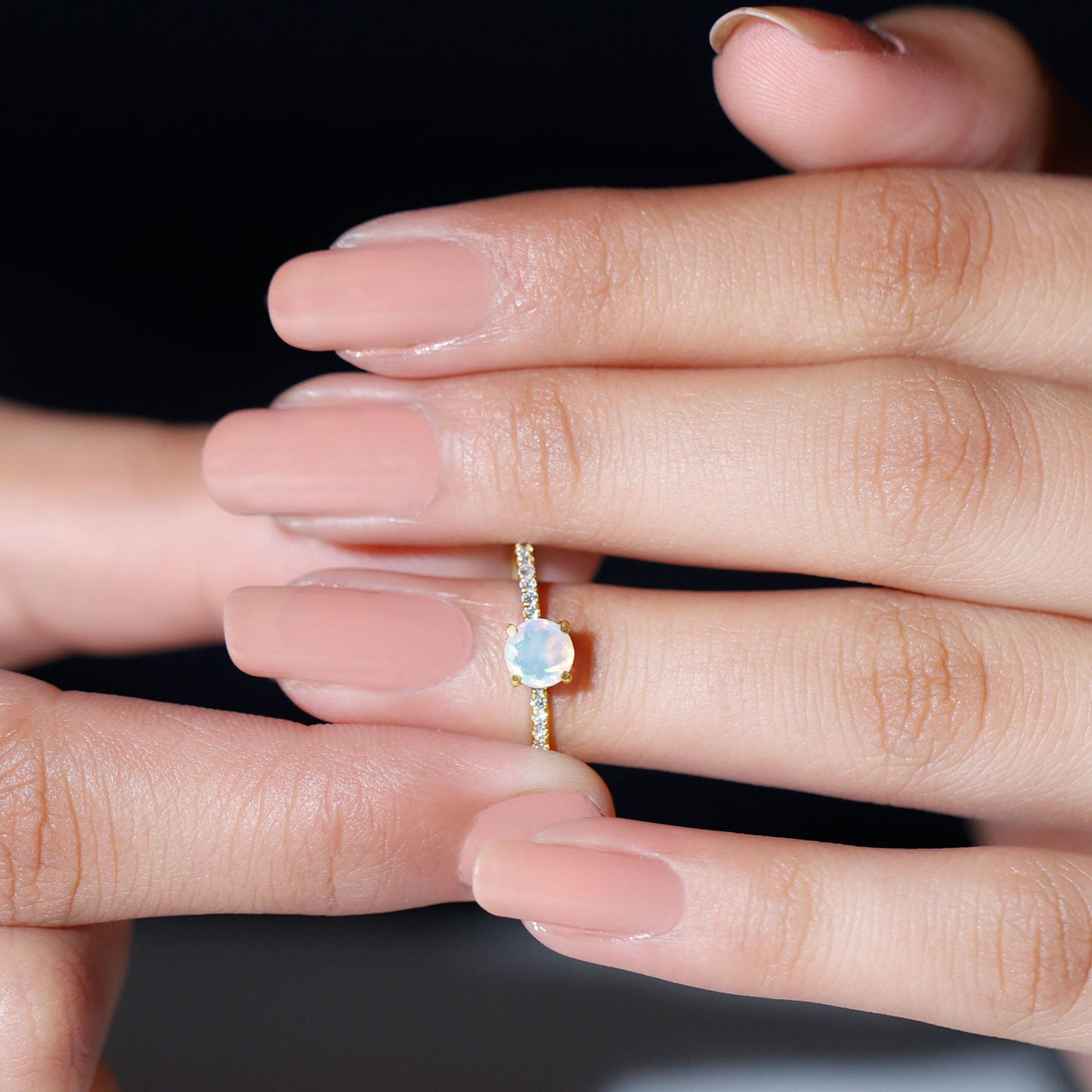 Genuine Ethiopian Opal Promise Ring with Diamond Side Stones