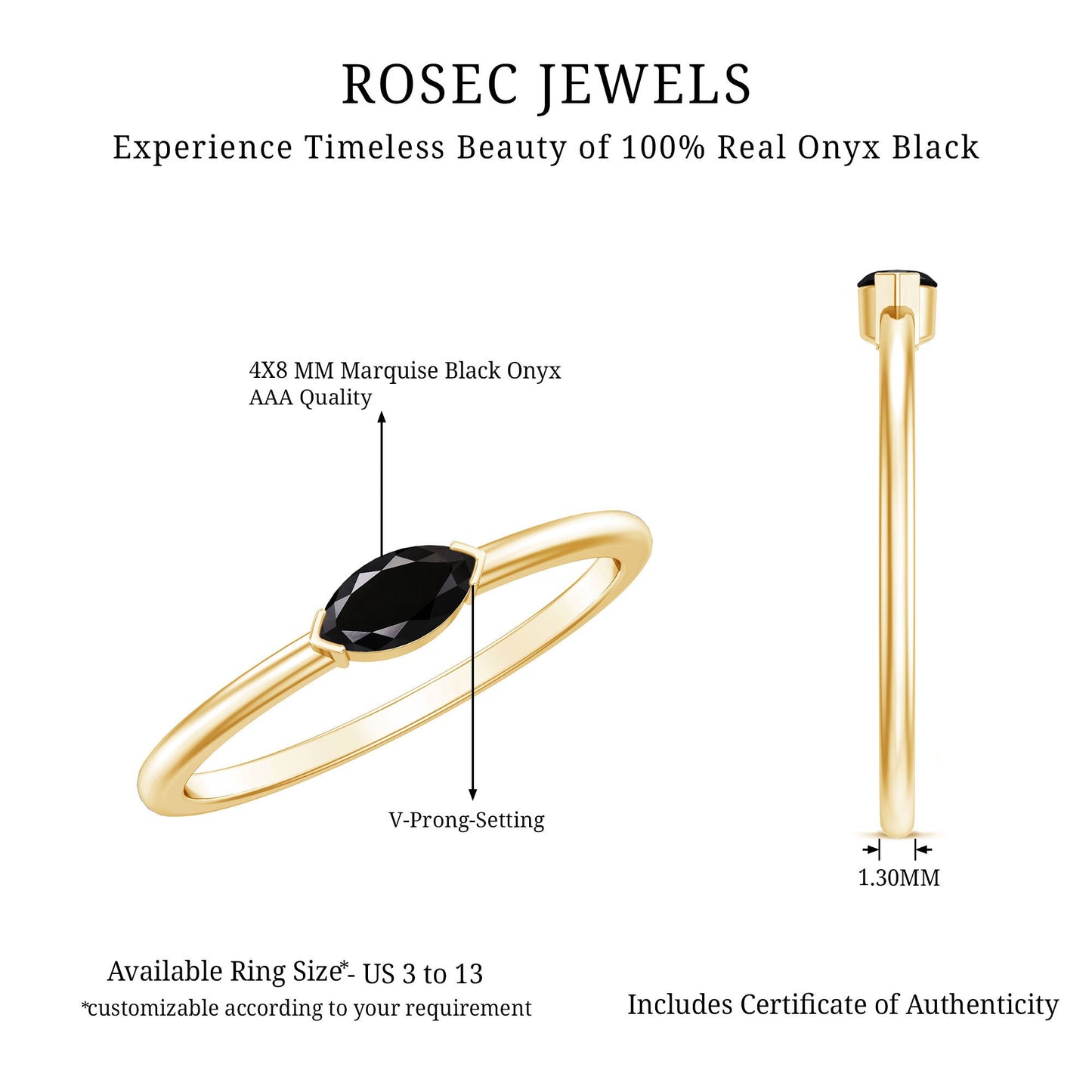 Marquise Shaped Black Onyx Solitaire Promise Ring for Her