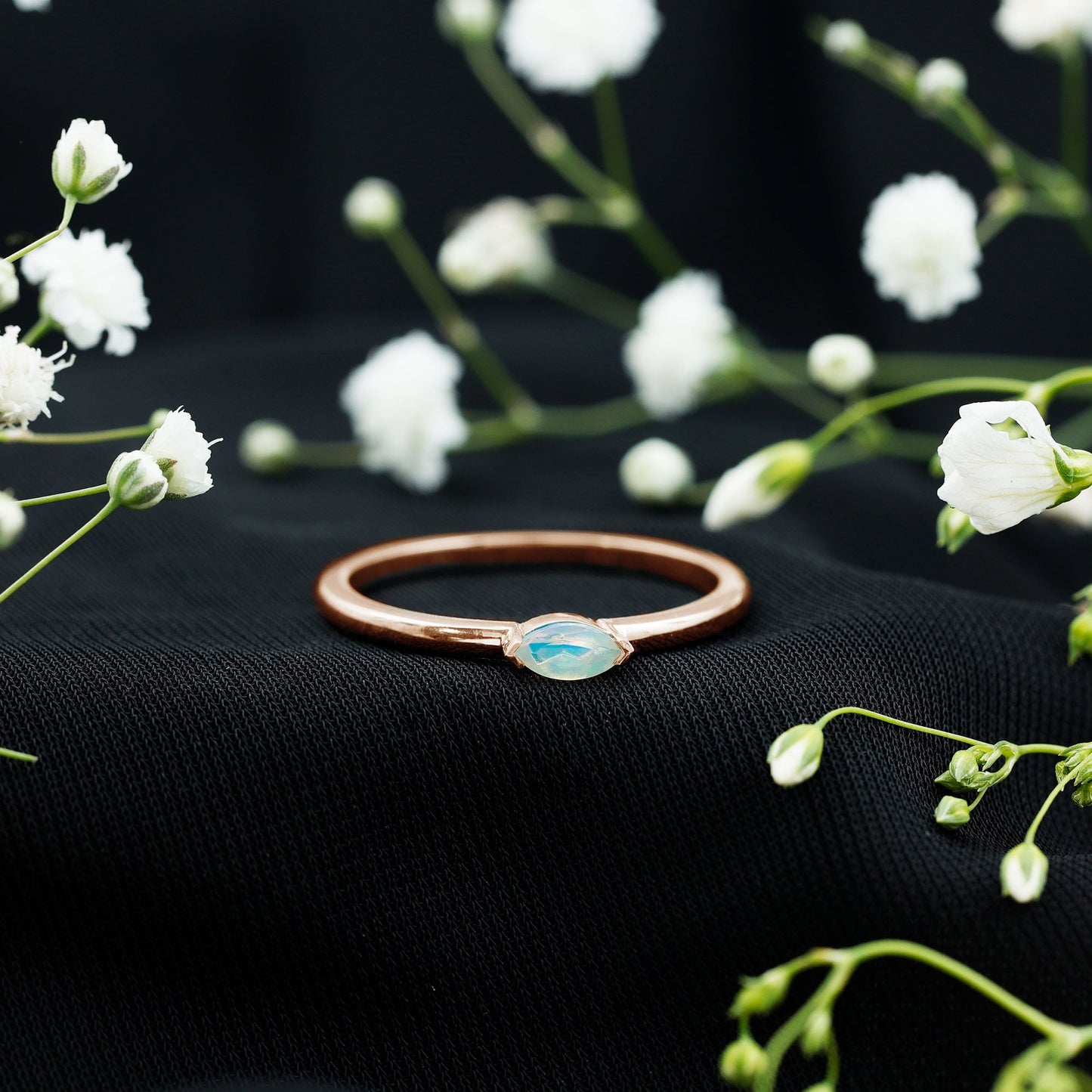 Natural Marquise Ethiopian Rainbow Opal Promise Ring in East West Style
