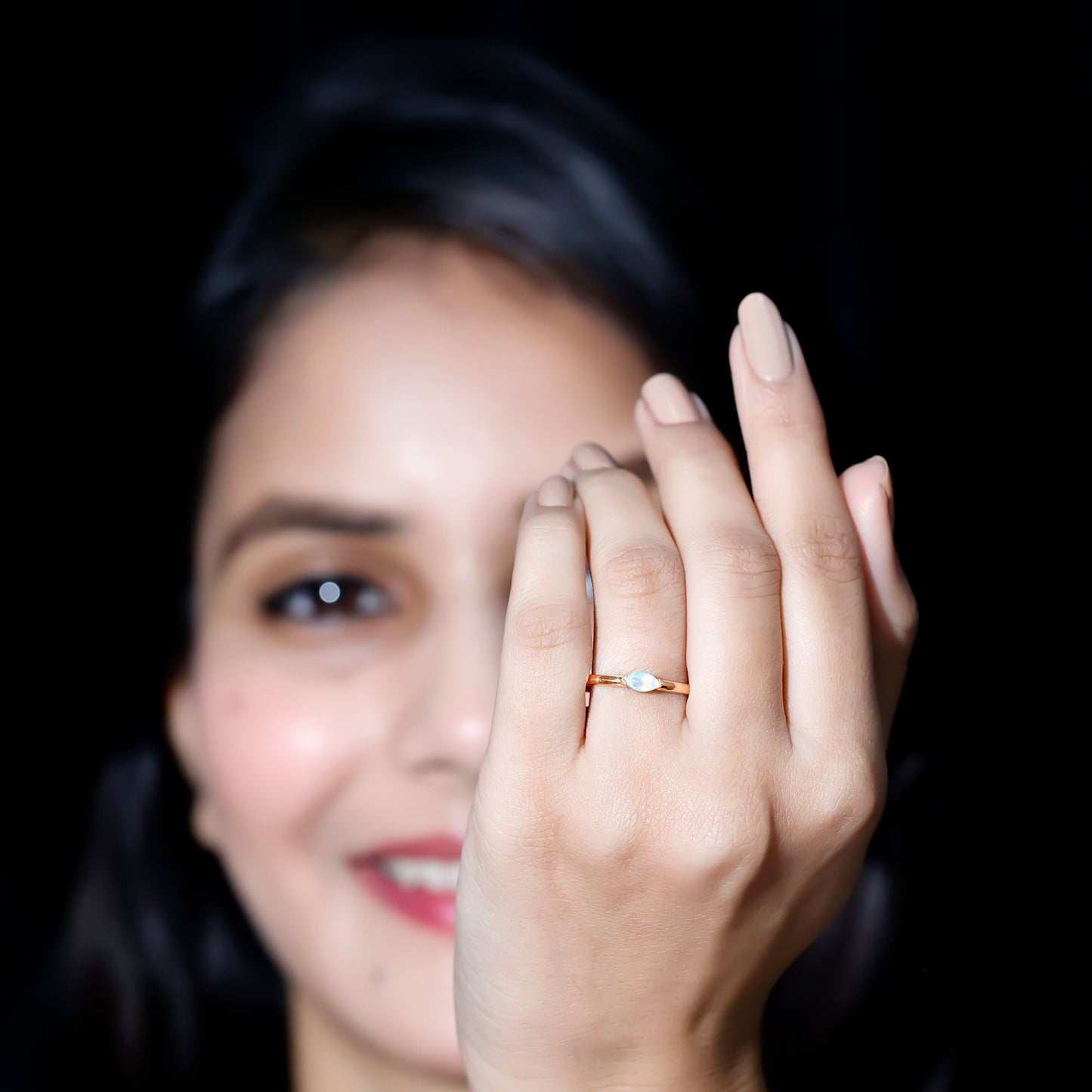 Natural Marquise Ethiopian Rainbow Opal Promise Ring in East West Style