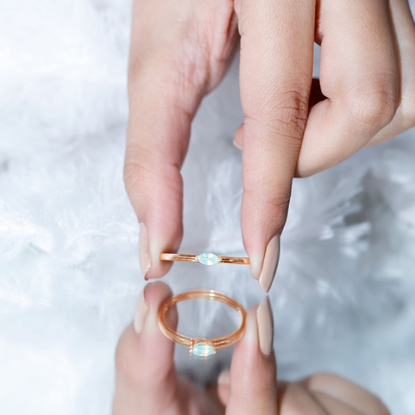Natural Marquise Ethiopian Rainbow Opal Promise Ring in East West Style