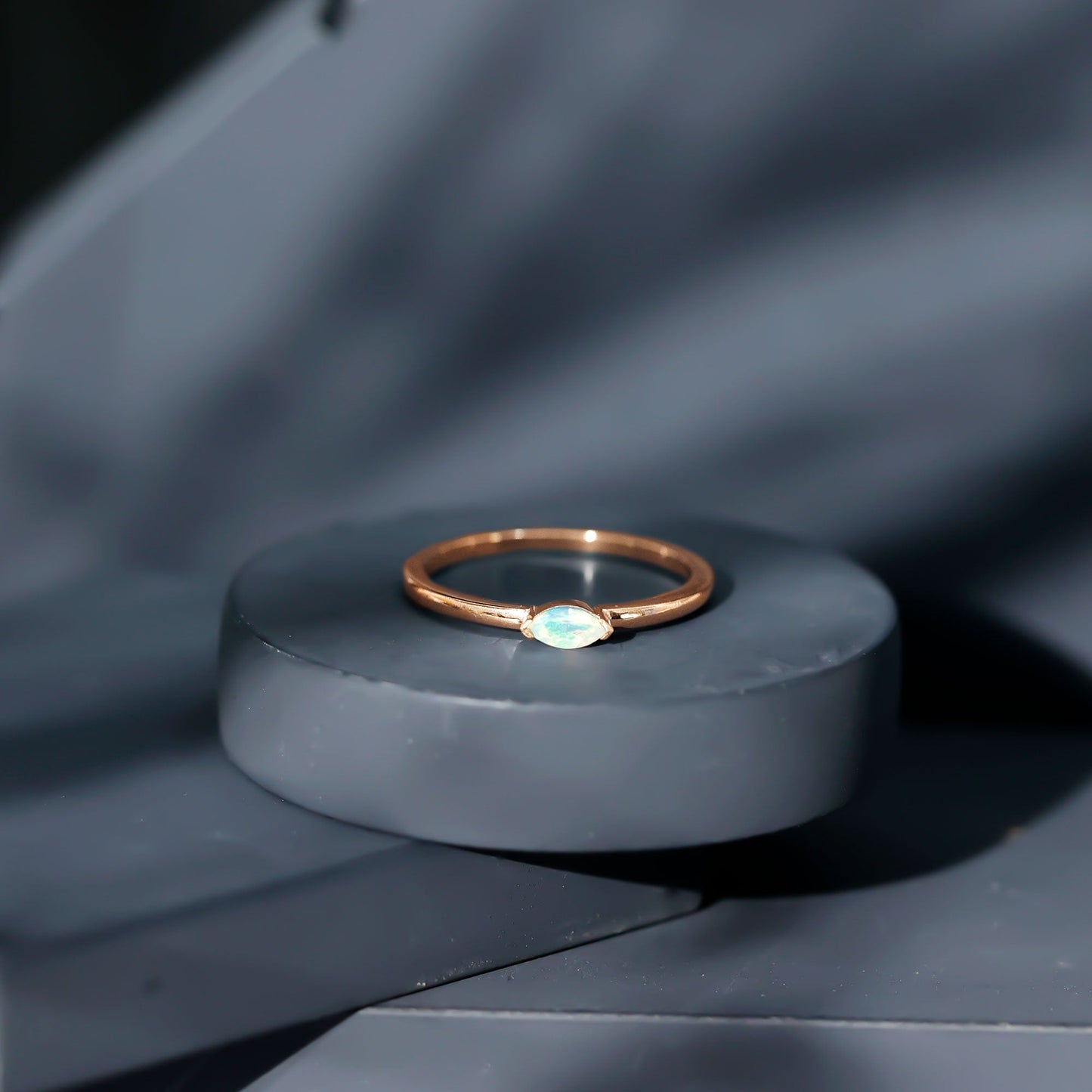 Natural Marquise Ethiopian Rainbow Opal Promise Ring in East West Style
