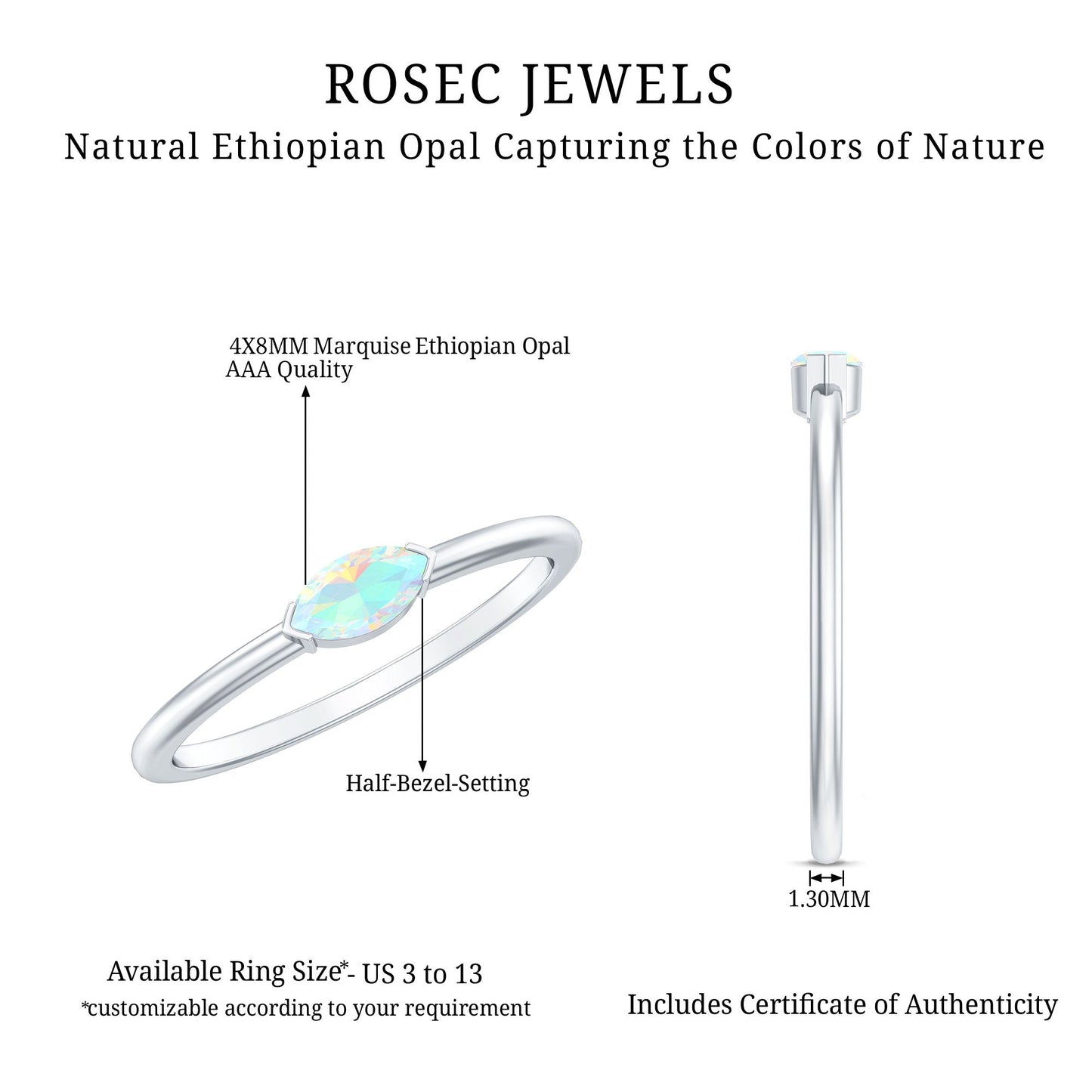 Natural Marquise Ethiopian Rainbow Opal Promise Ring in East West Style