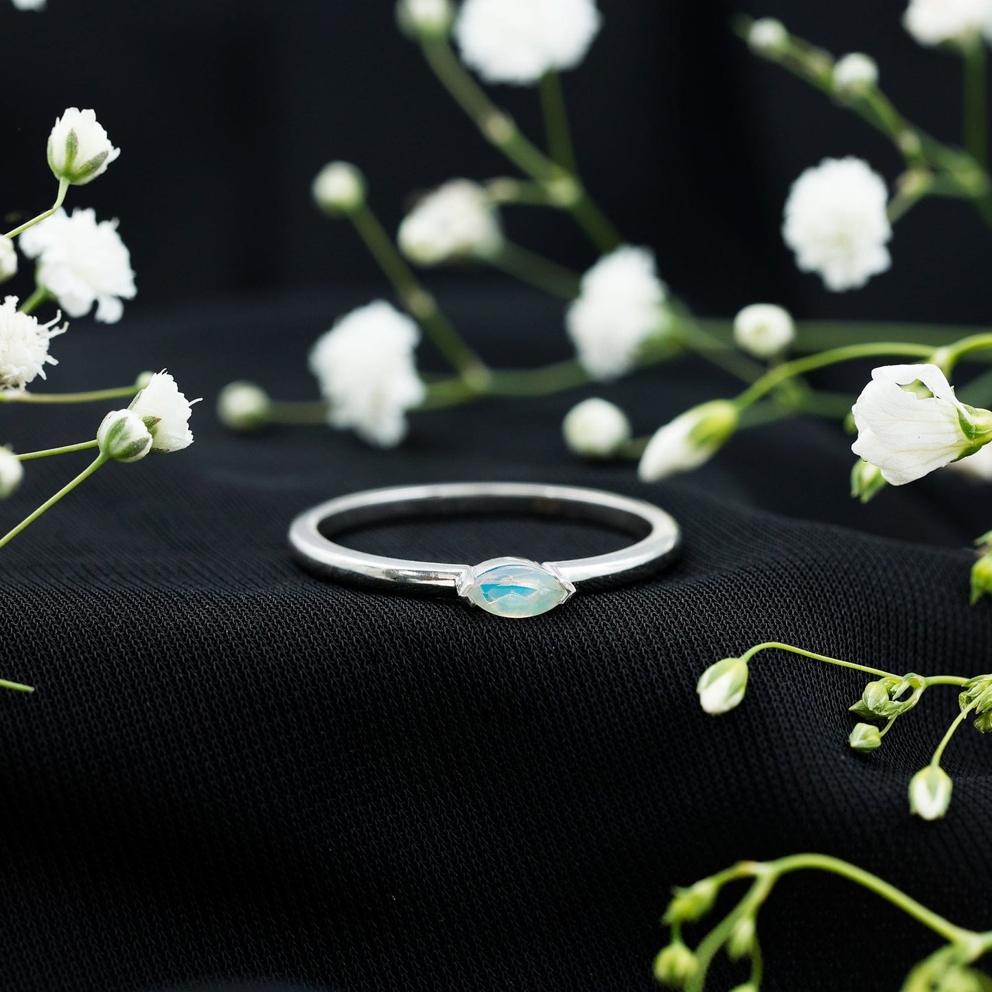 Natural Marquise Ethiopian Rainbow Opal Promise Ring in East West Style
