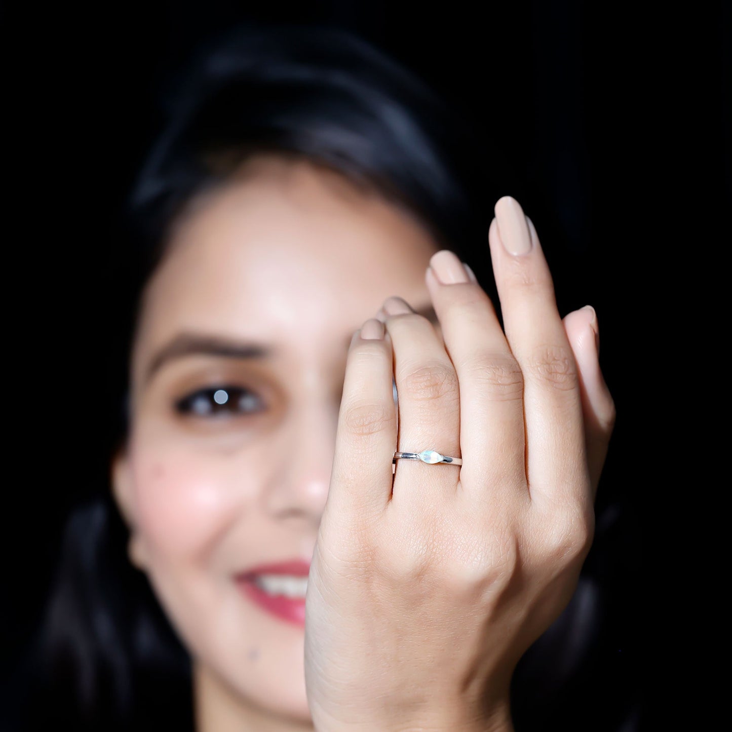 Natural Marquise Ethiopian Rainbow Opal Promise Ring in East West Style