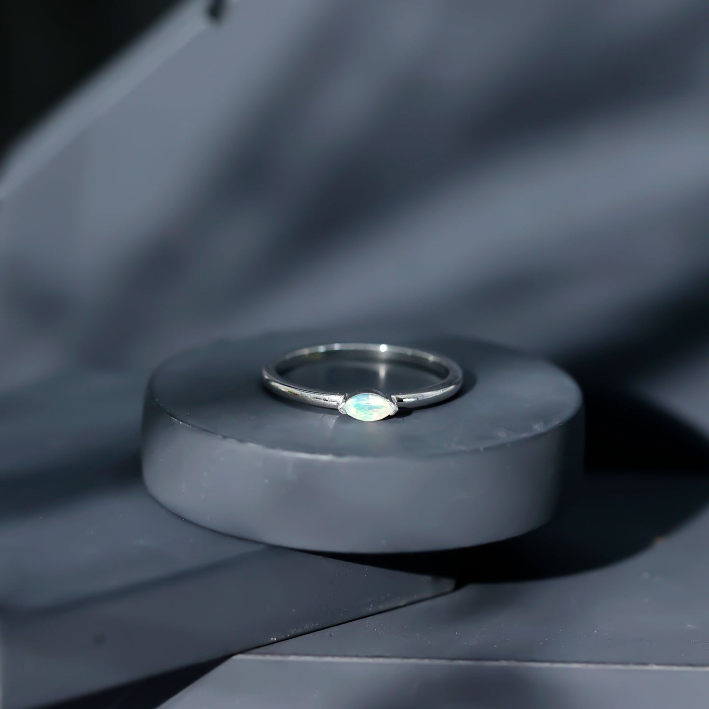 Natural Marquise Ethiopian Rainbow Opal Promise Ring in East West Style