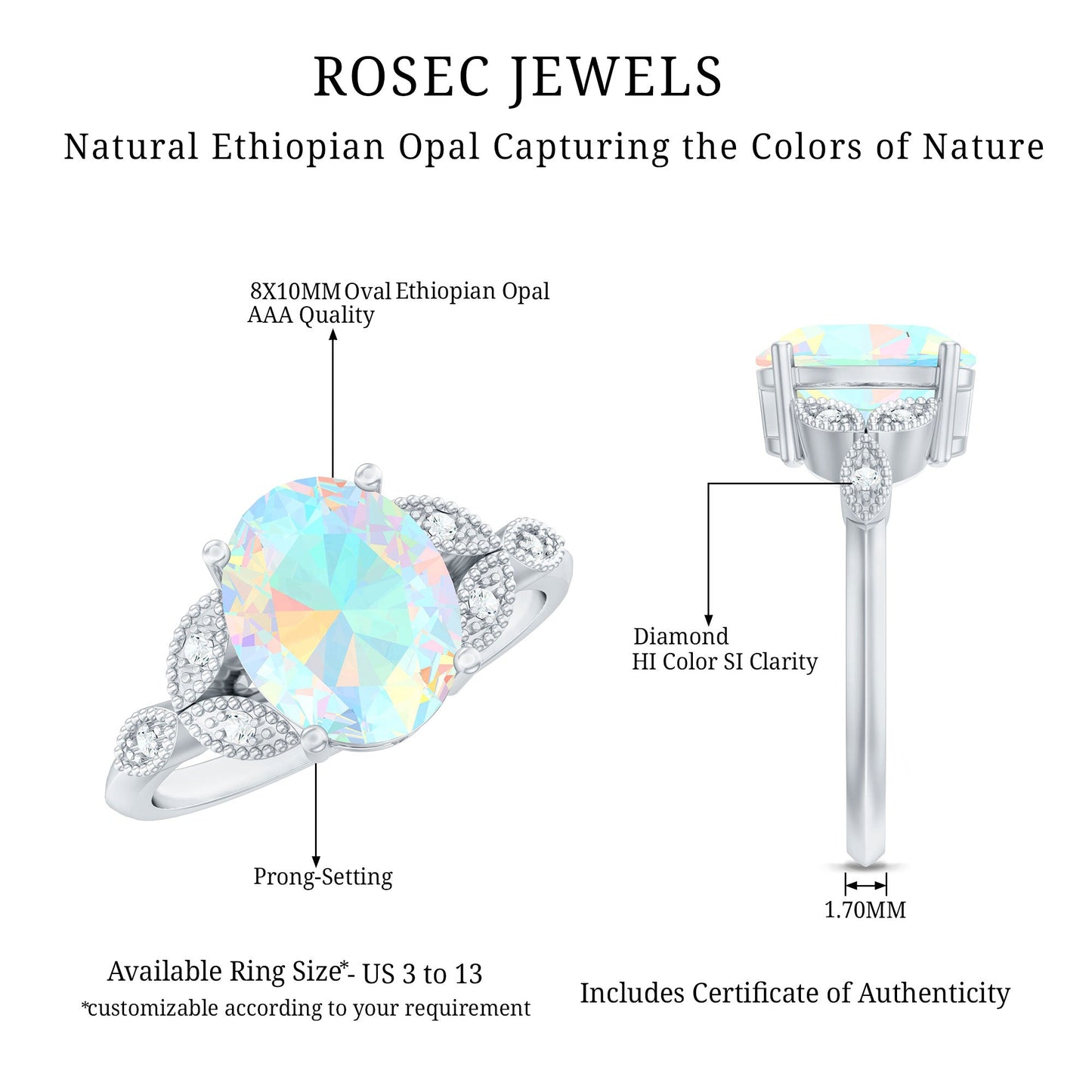 1.3 Carat Vintage Style Ethiopian Opal Oblong Engagement Ring with Diamond