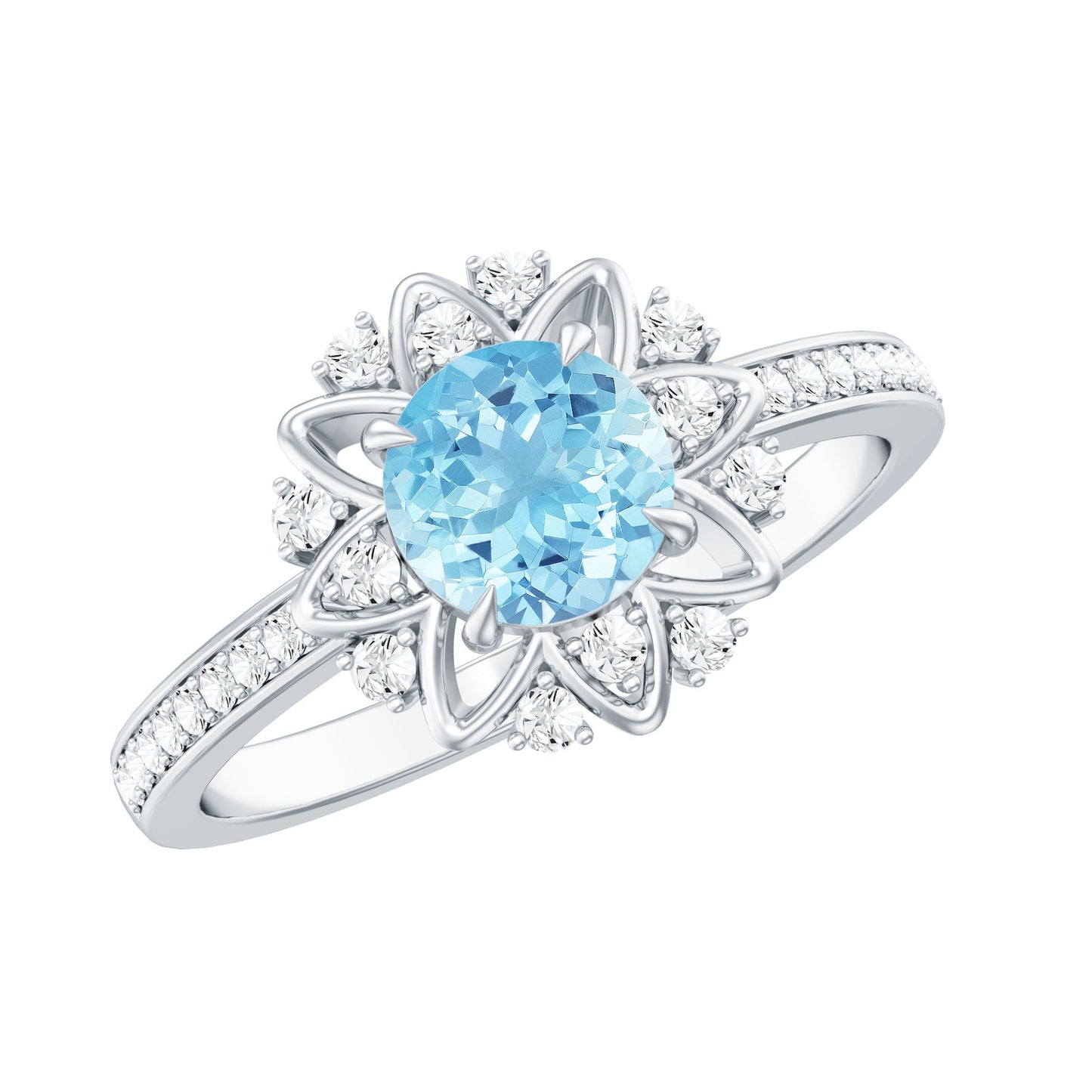 Genuine 0.8 Aquamarine Floral Engagement Ring with Diamond Side Stones
