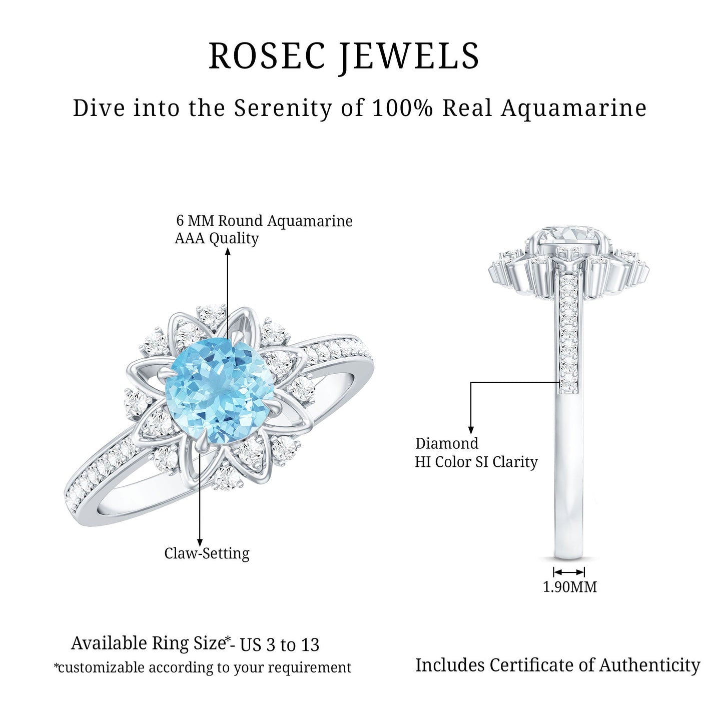 Genuine 0.8 Aquamarine Floral Engagement Ring with Diamond Side Stones
