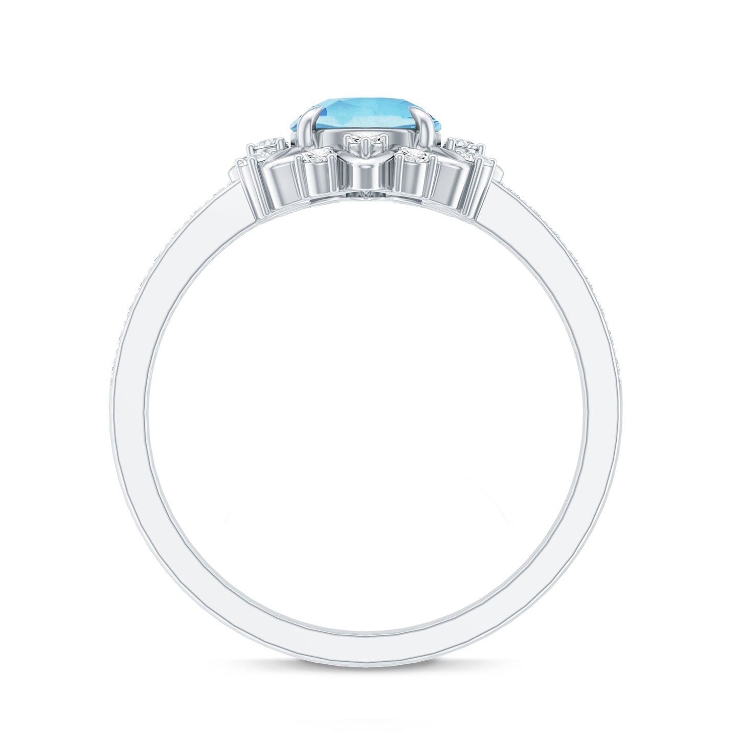 Genuine 0.8 Aquamarine Floral Engagement Ring with Diamond Side Stones